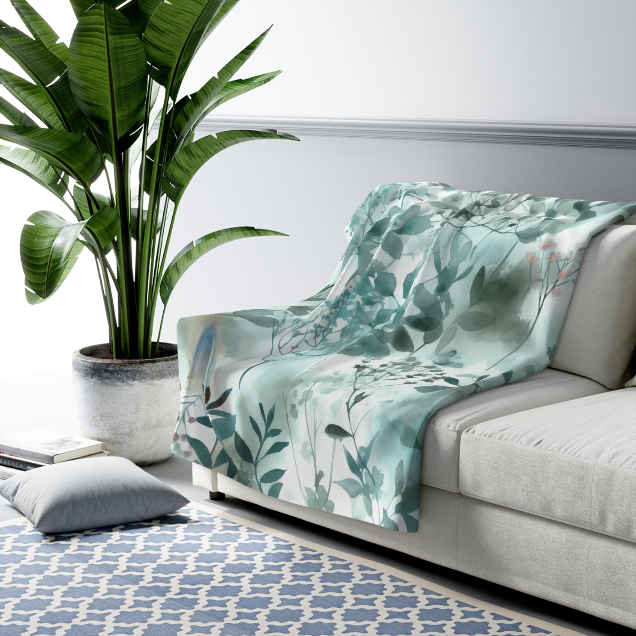 Abstract Floral Throw Blanket | Teal Green Watercolor