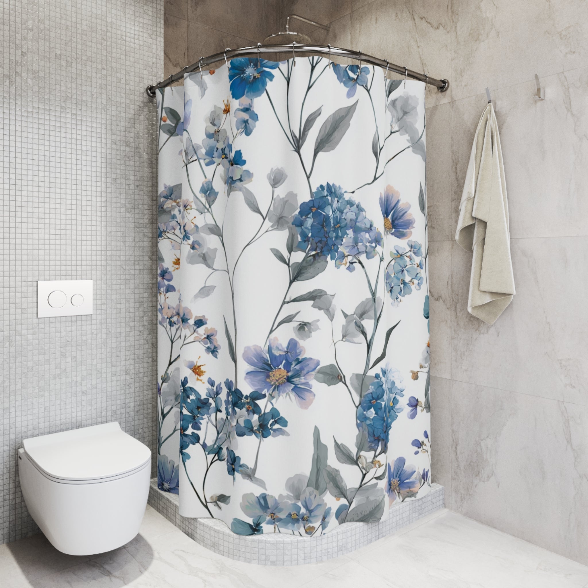 a bathroom with a shower curtain adorned with a floral pattern in shades of blue and white. The shower curtain is hanging from a rod, and there is a towel hanging on the wall next to it. The bathroom also includes a toilet and a sink.