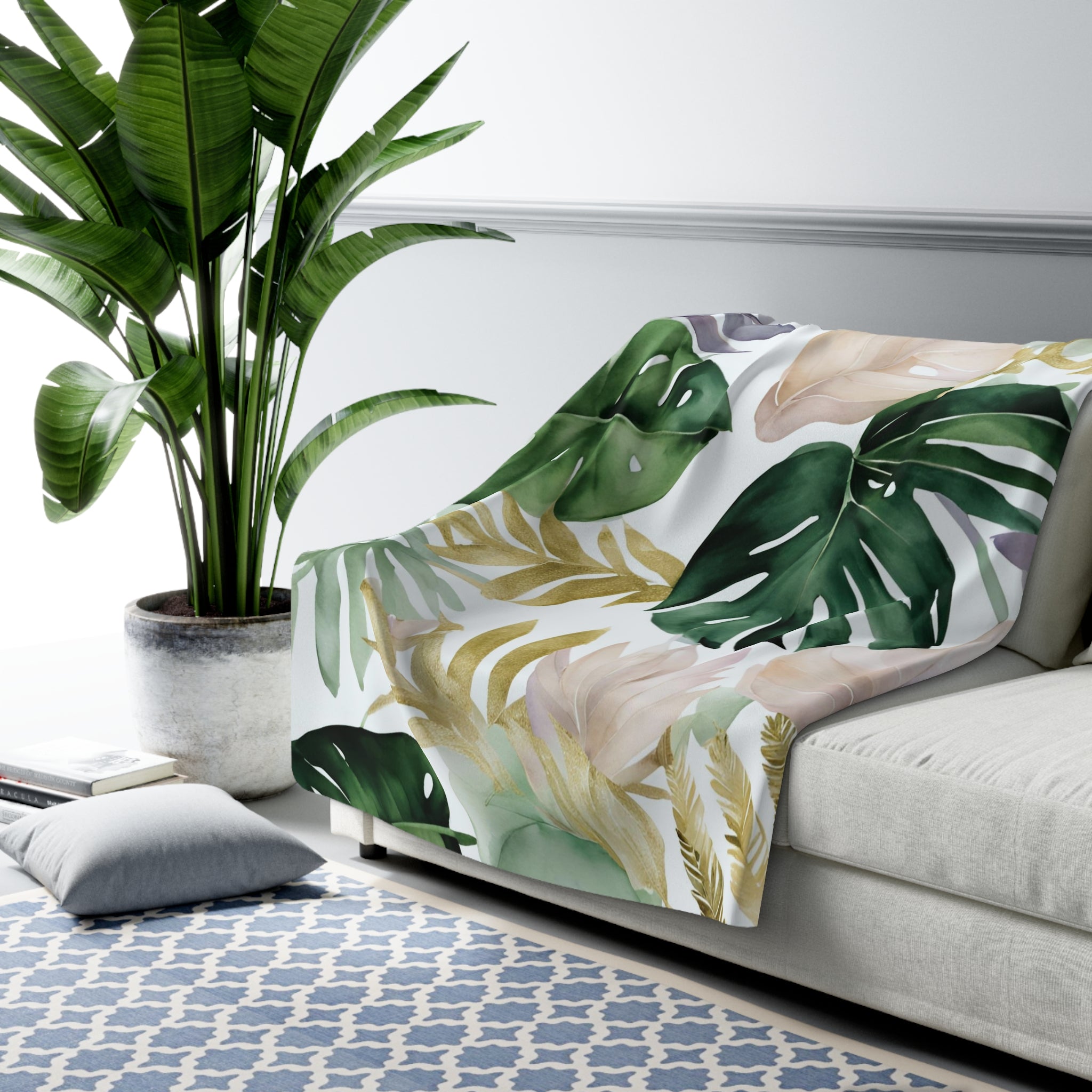 Tropical Floral Throw Blanket | Coastal Green, Purple Beige Blush Leaves