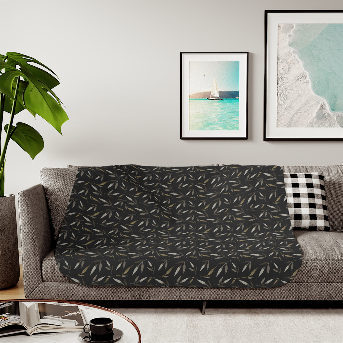 Black Beige Willow Leaf Sherpa Blanket | Moody Botanical Throw