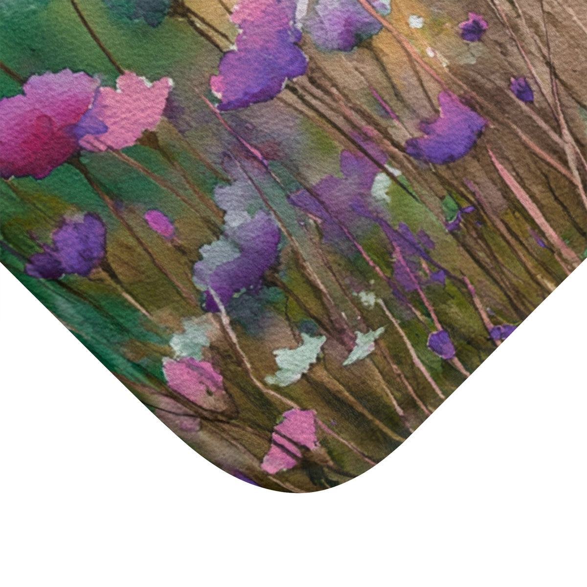 The image is a vibrant watercolor painting depicting a field of purple flowers with green stems and leaves.