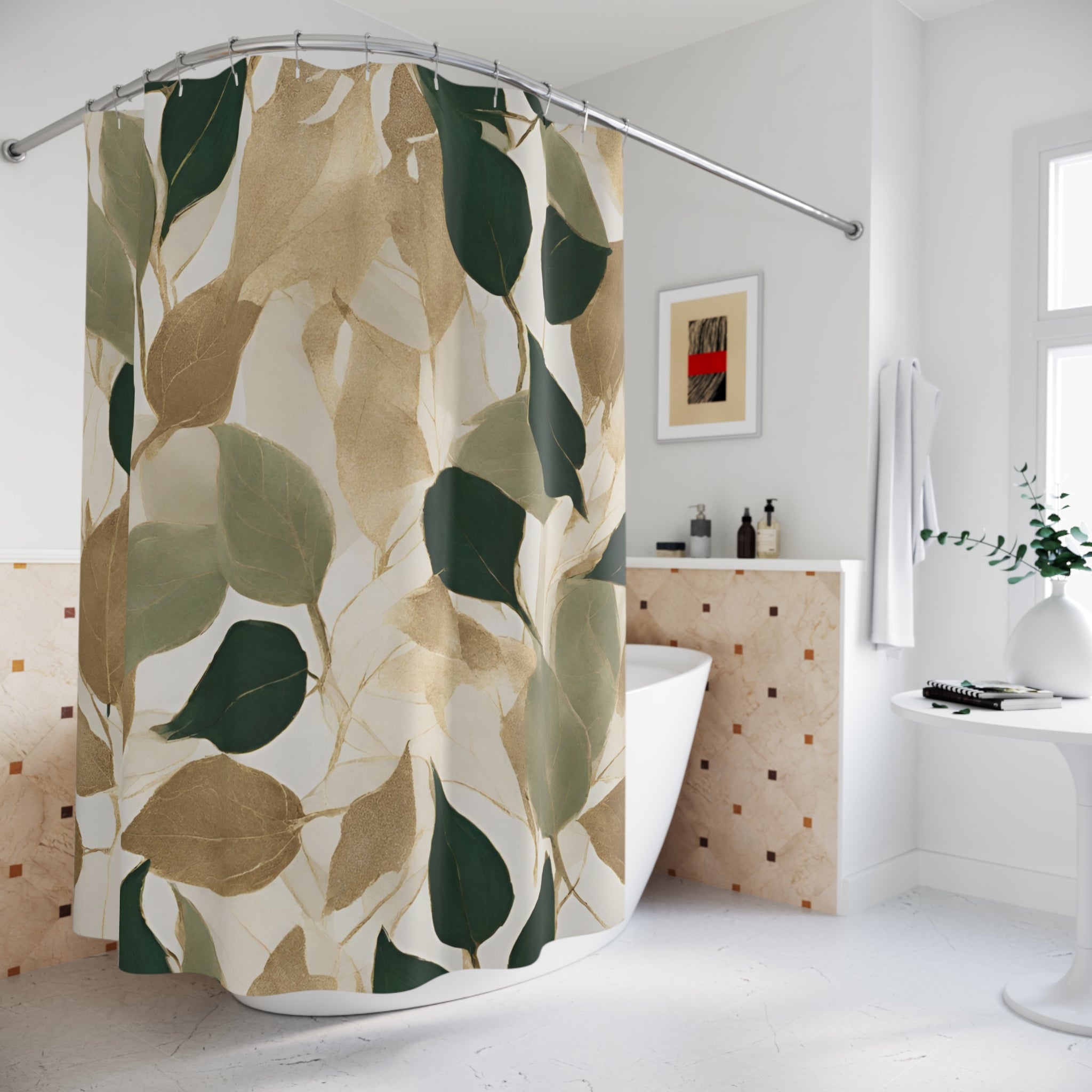 Beige Floral Shower Curtain | Earthy Leaves Bathroom