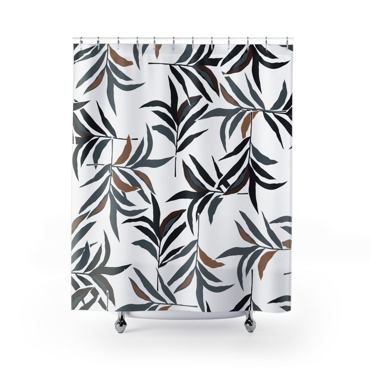 a white shower curtain with a repeating pattern of black and brown leaves.