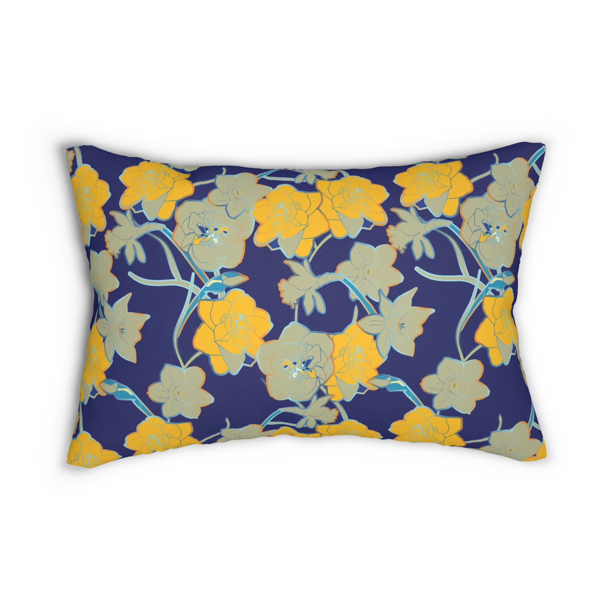 Floral Lumbar Pillow | Indigo Blue, Sage Green, Yellow Botanical