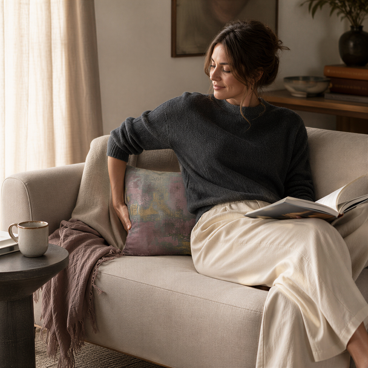 A woman sits comfortably on a couch, reading a book and sipping a beverage, with a painting hanging on the wall behind her.