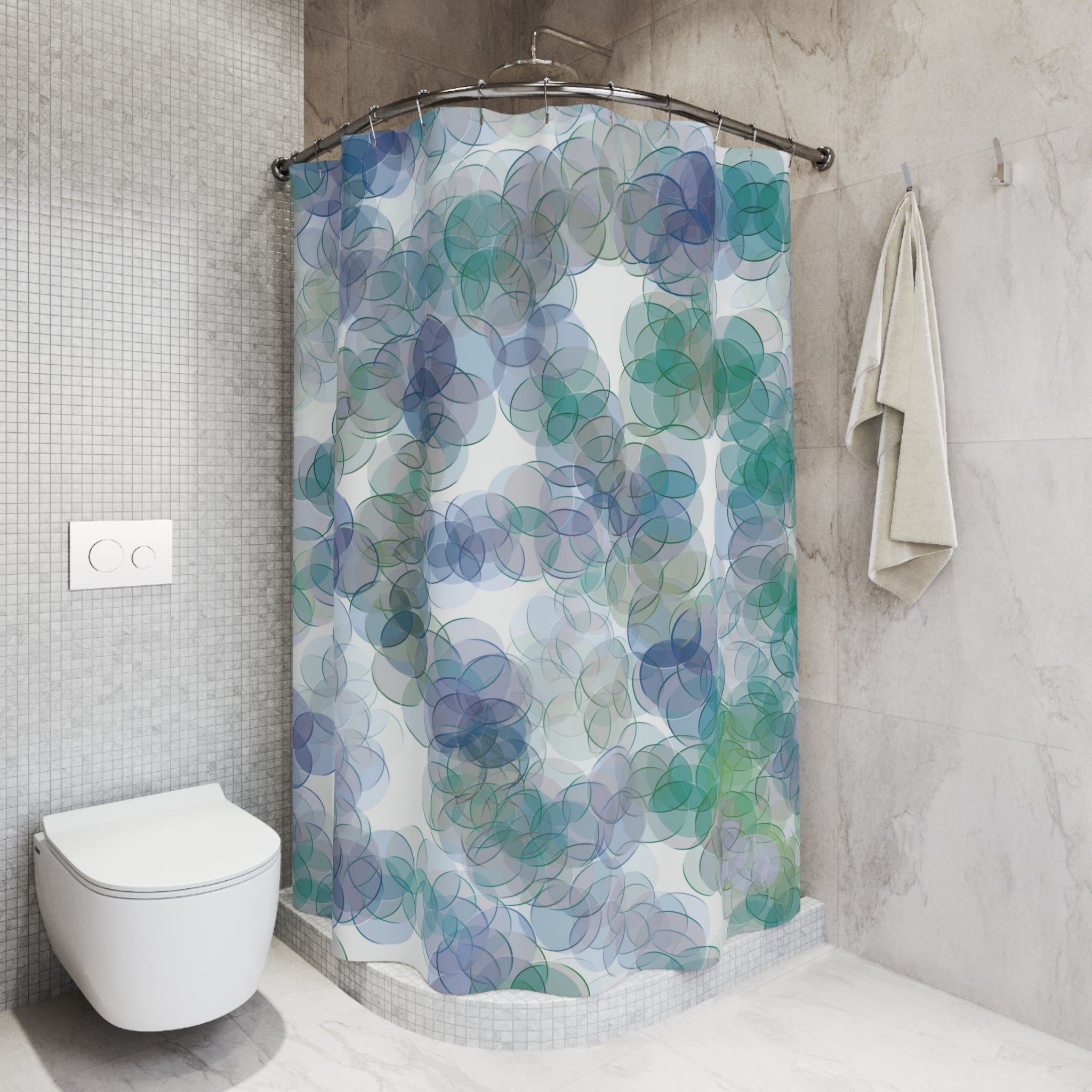 Boho Shower Curtain | Colorful Bubbles Green Blue White Watercolor
