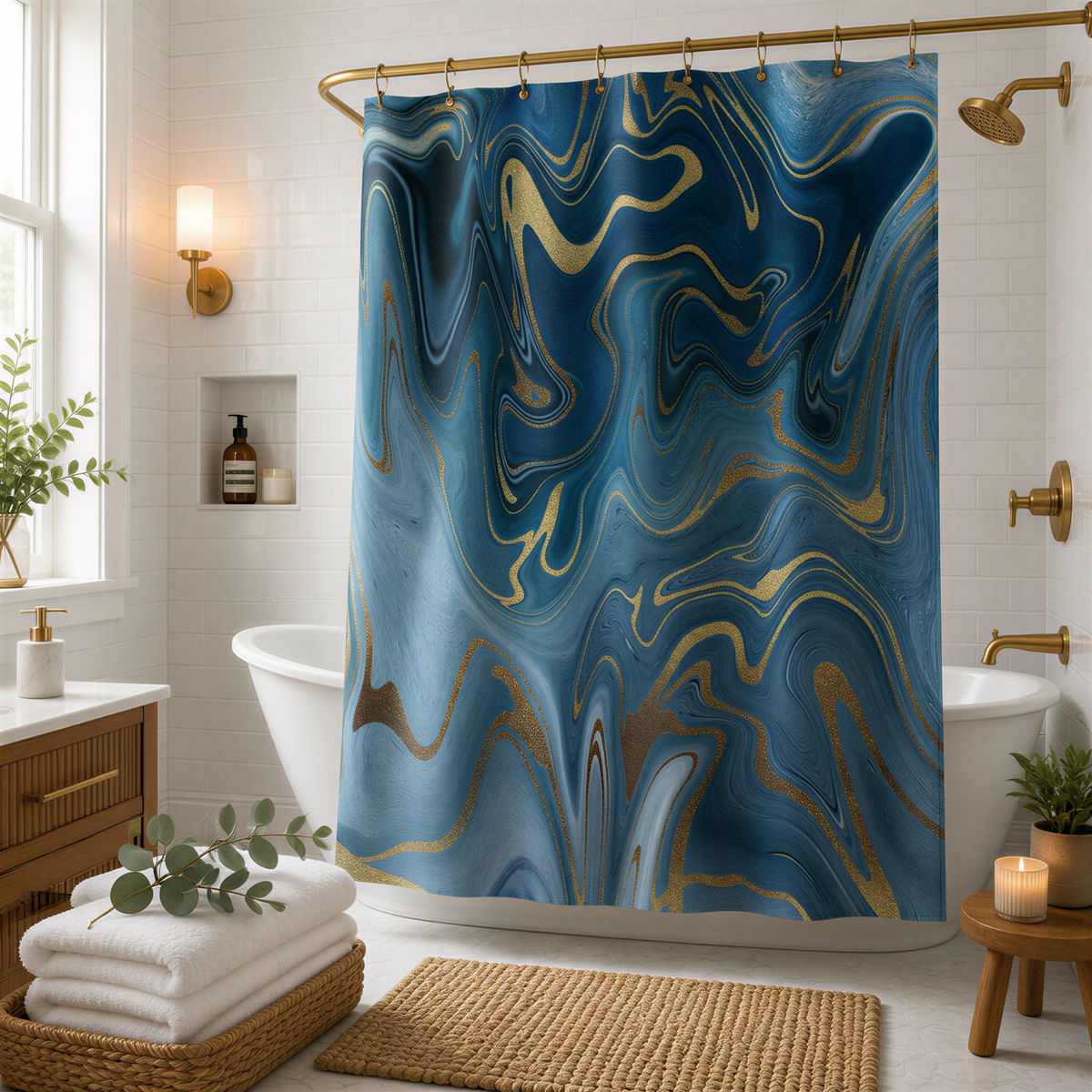 a bathroom with a marble-patterned shower curtain, a white bathtub, a wooden vanity, and a potted plant.