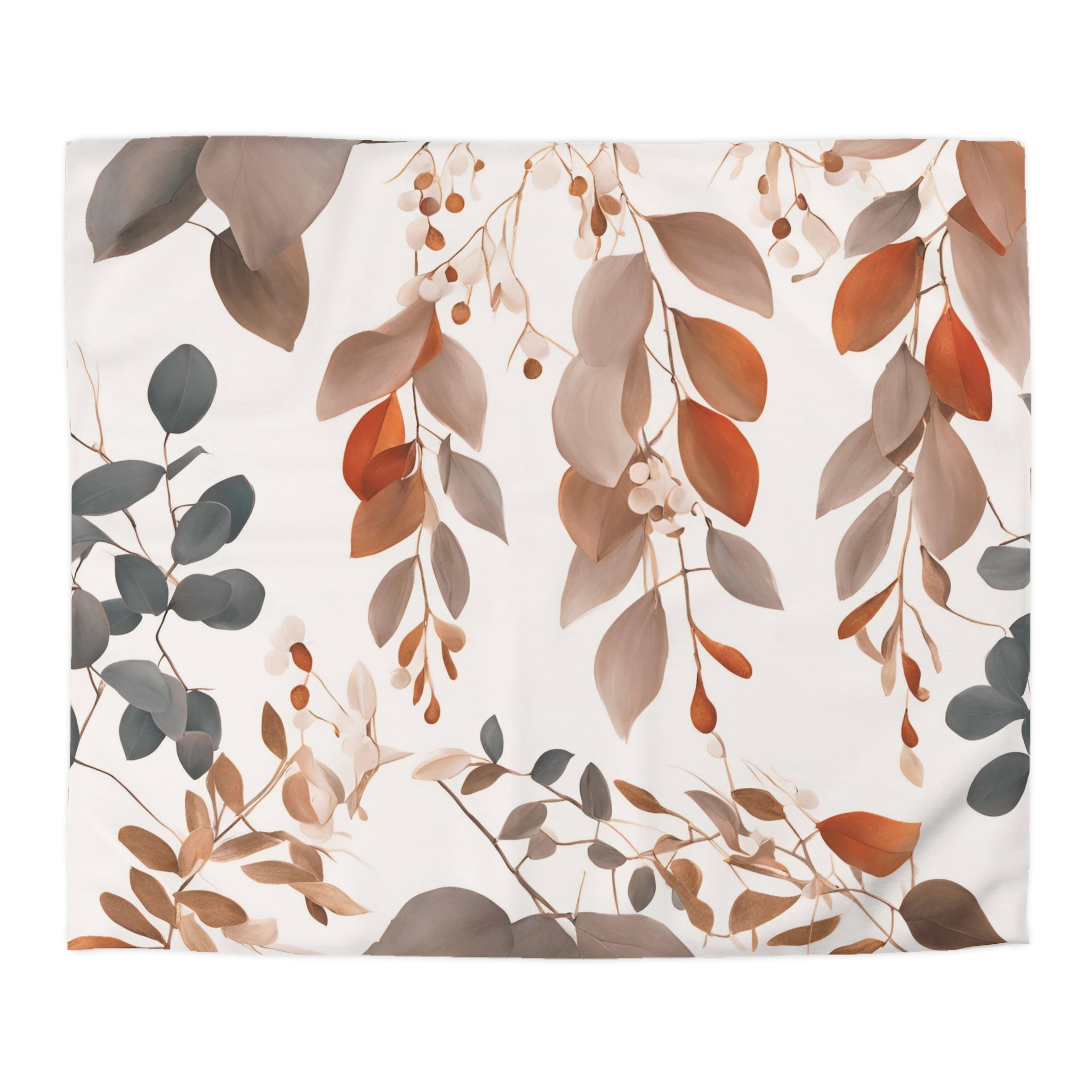 Floral Duvet Cover | Tan Beige, Orange Grey  Eucalyptus Leaves Bedding Boho Decor