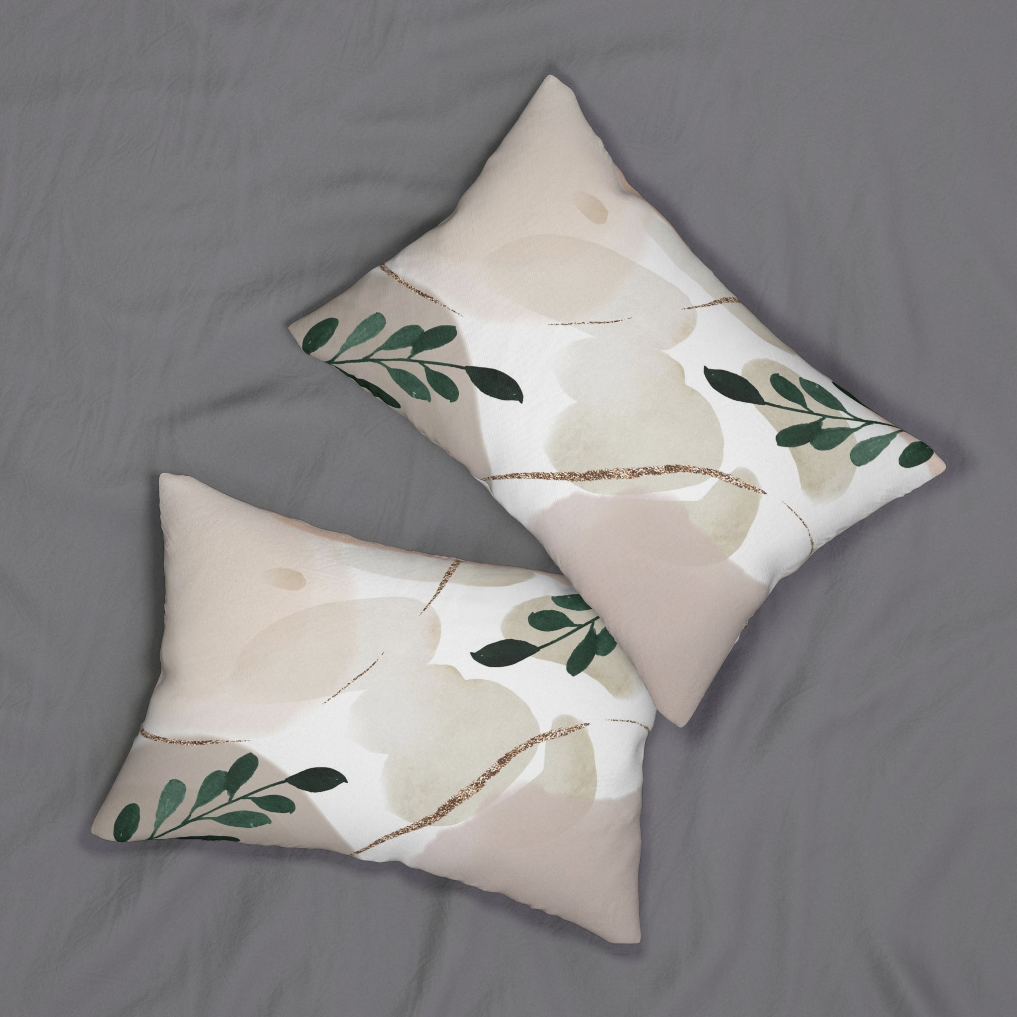 Abstract Lumbar Pillow | Green Leaves, Blush Beige Ivory