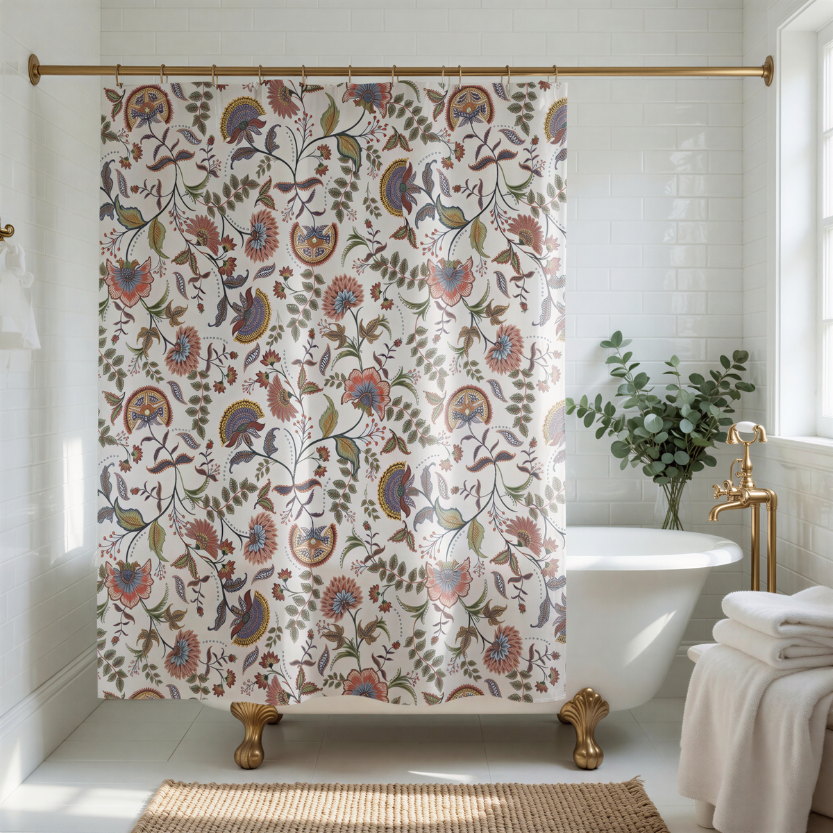 a bathroom with a white bathtub, a colorful floral shower curtain, and a gold-framed window.