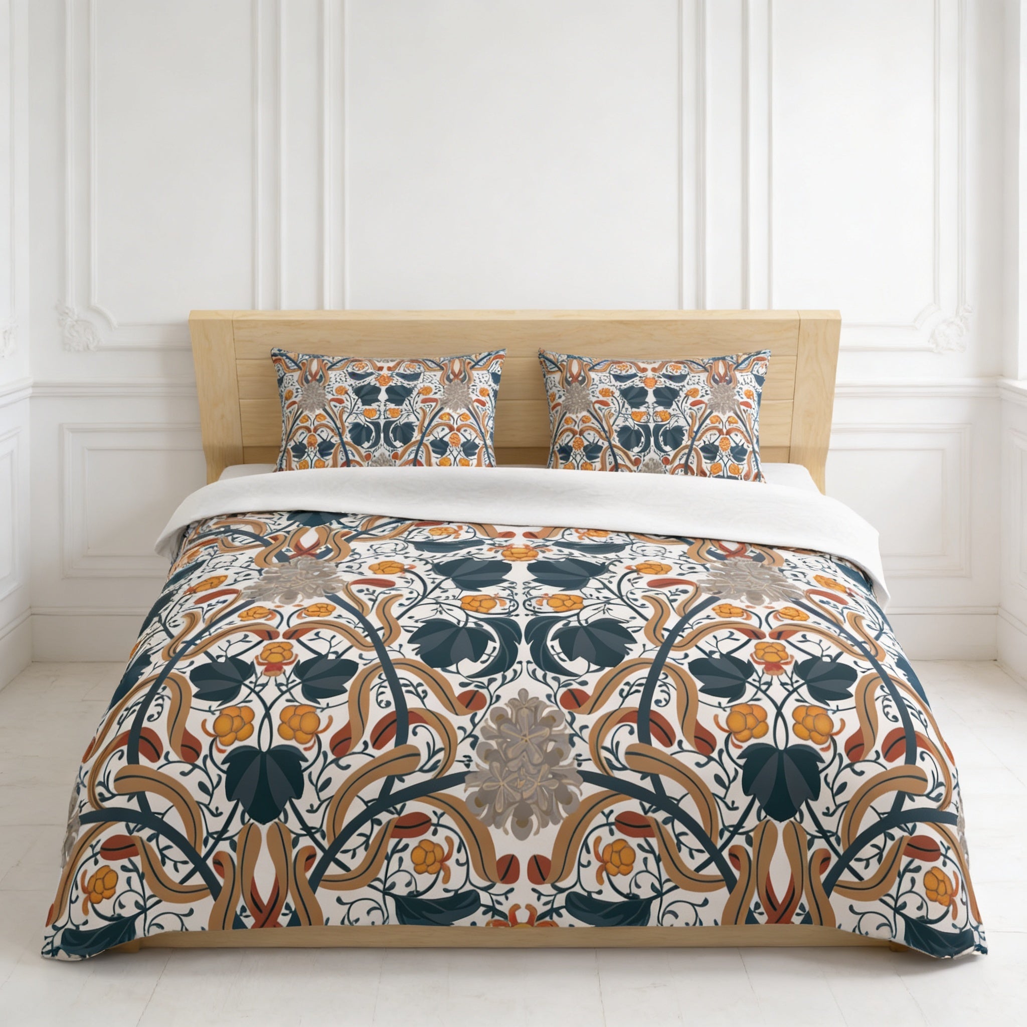 a bed with a decorative comforter featuring a floral pattern in shades of blue, orange, and green. The bed has a wooden headboard and two matching pillows. The overall setting appears to be a bedroom with white walls and a wooden floor.