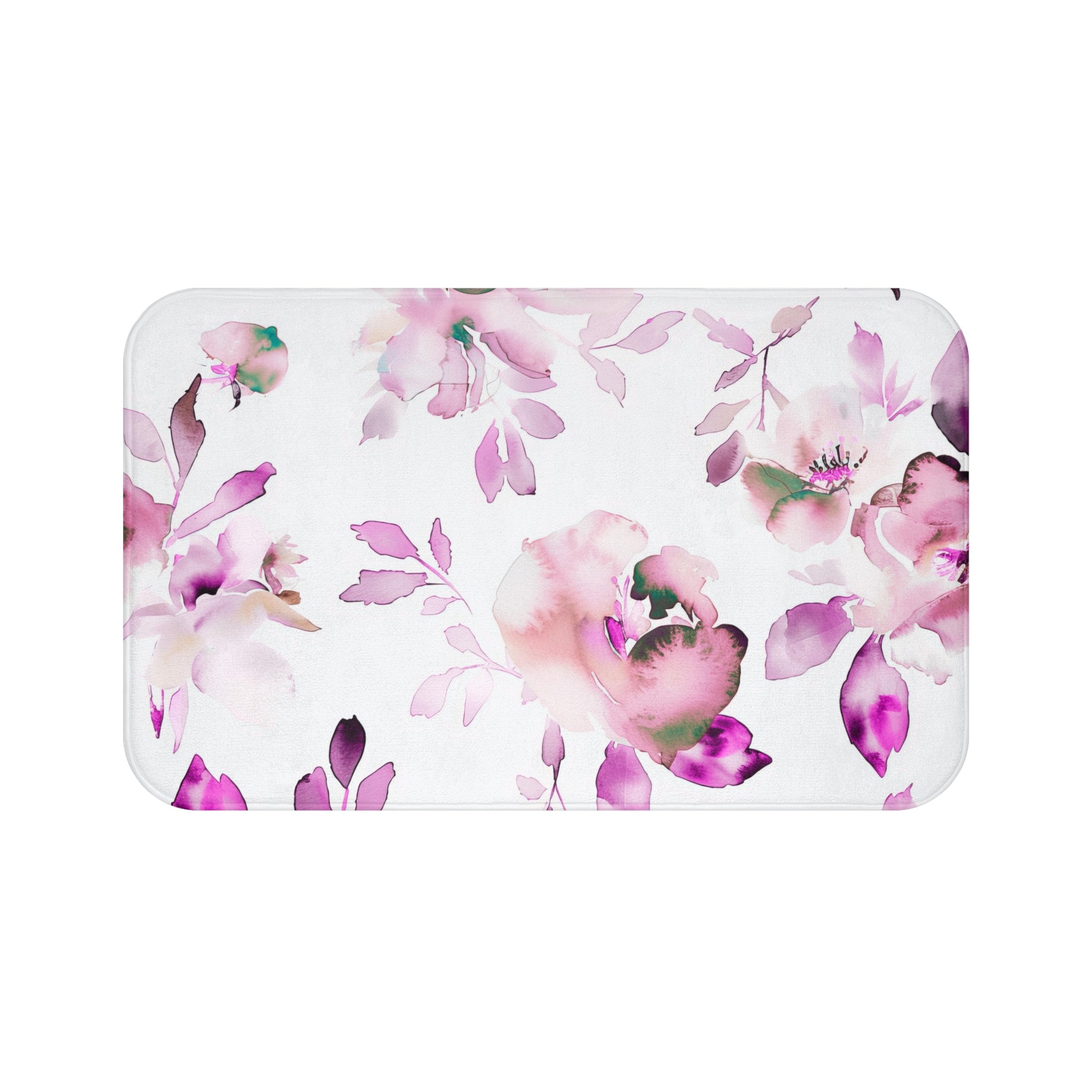 Floral Bath, Kitchen Mat | White Pink, Green Leaves Watercolor