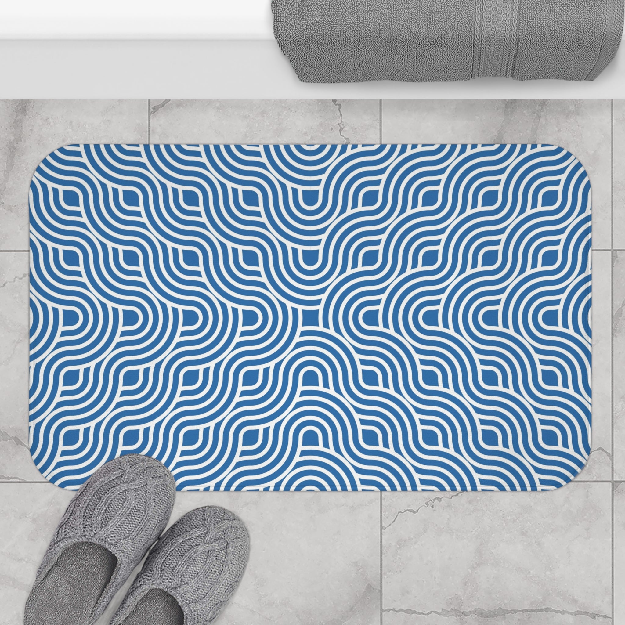 Art Deco Bath, Kitchen Mat | Retro Blue White, Art Nouveau Waves