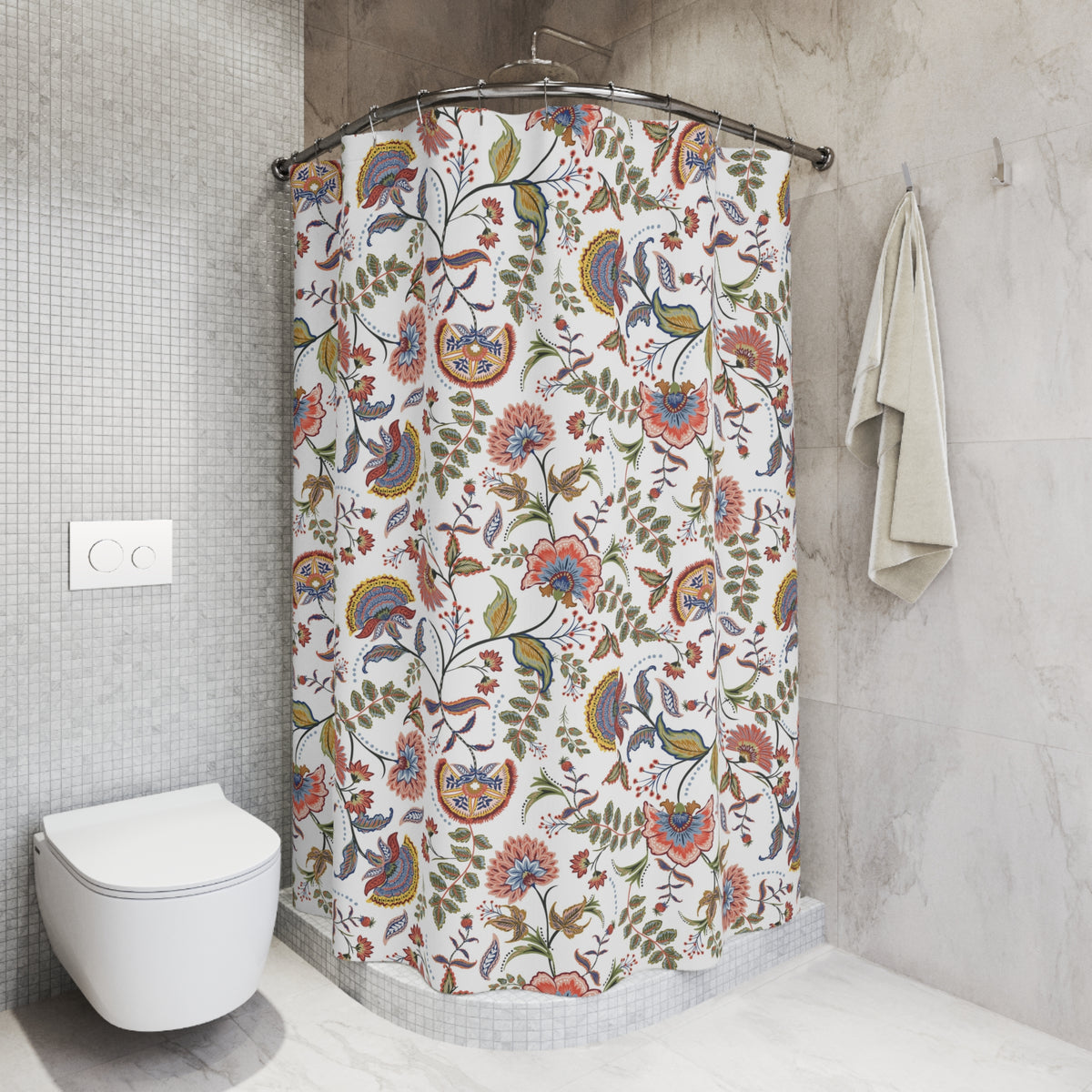a bathroom with a shower curtain featuring a floral pattern in white, red, and green colors. The shower is located next to a toilet, and there is a towel hanging on the wall.
