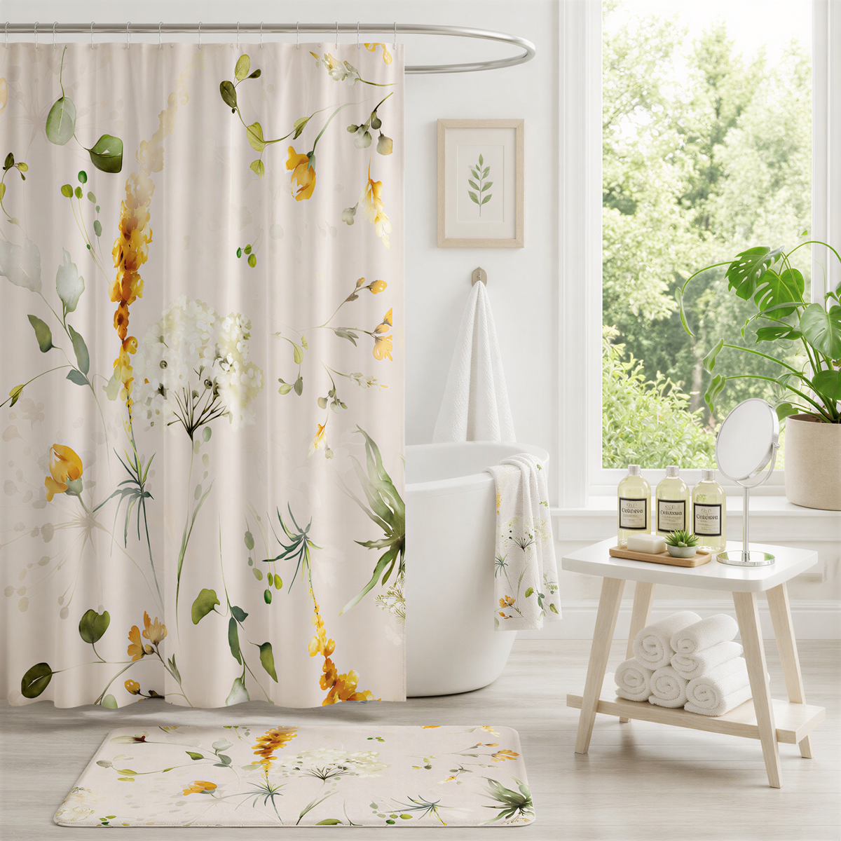 a bathroom with a floral shower curtain, a white bathtub, and a small table with toiletries.