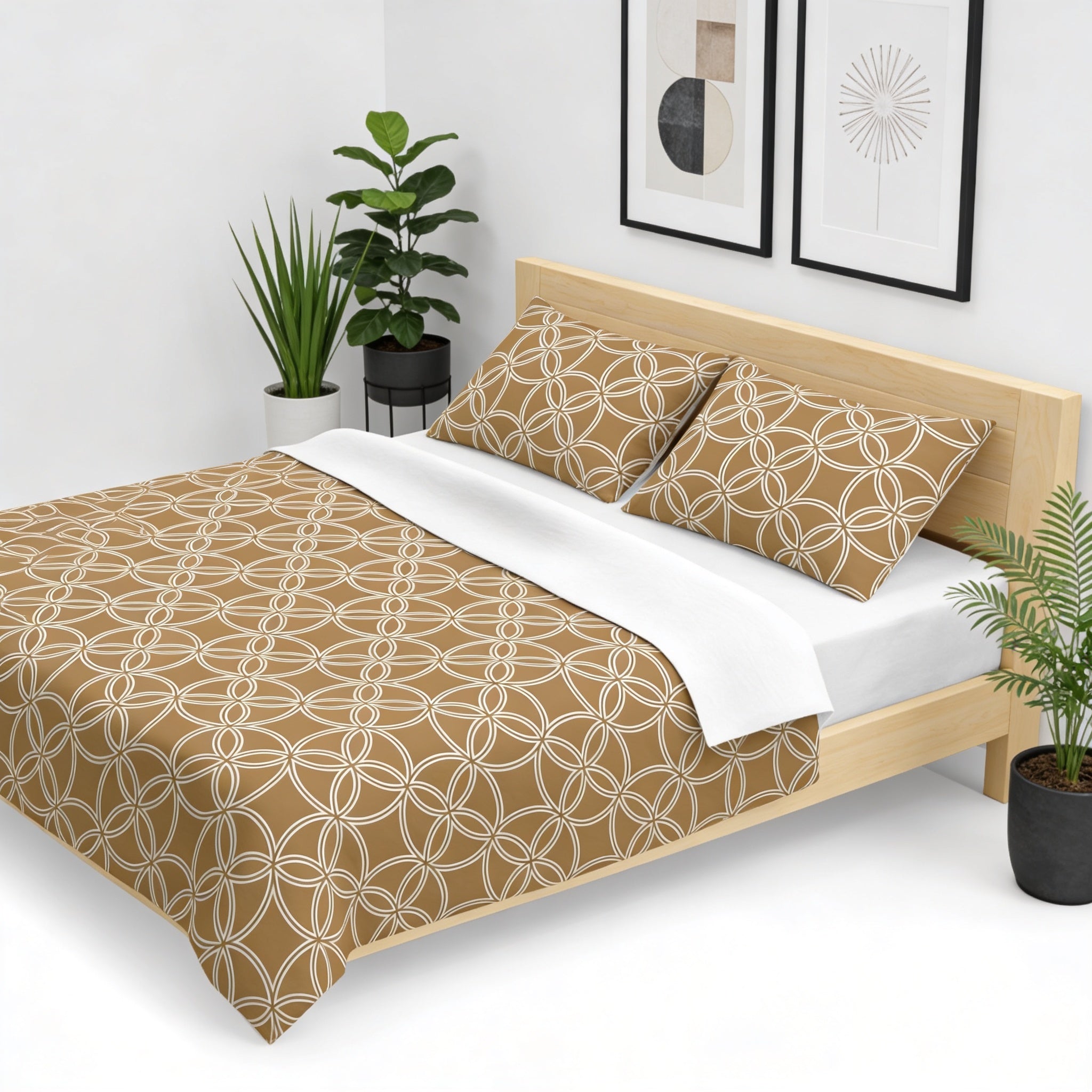 a modern bedroom with a wooden bed frame, a brown and white patterned comforter, and two potted plants on either side of the bed.