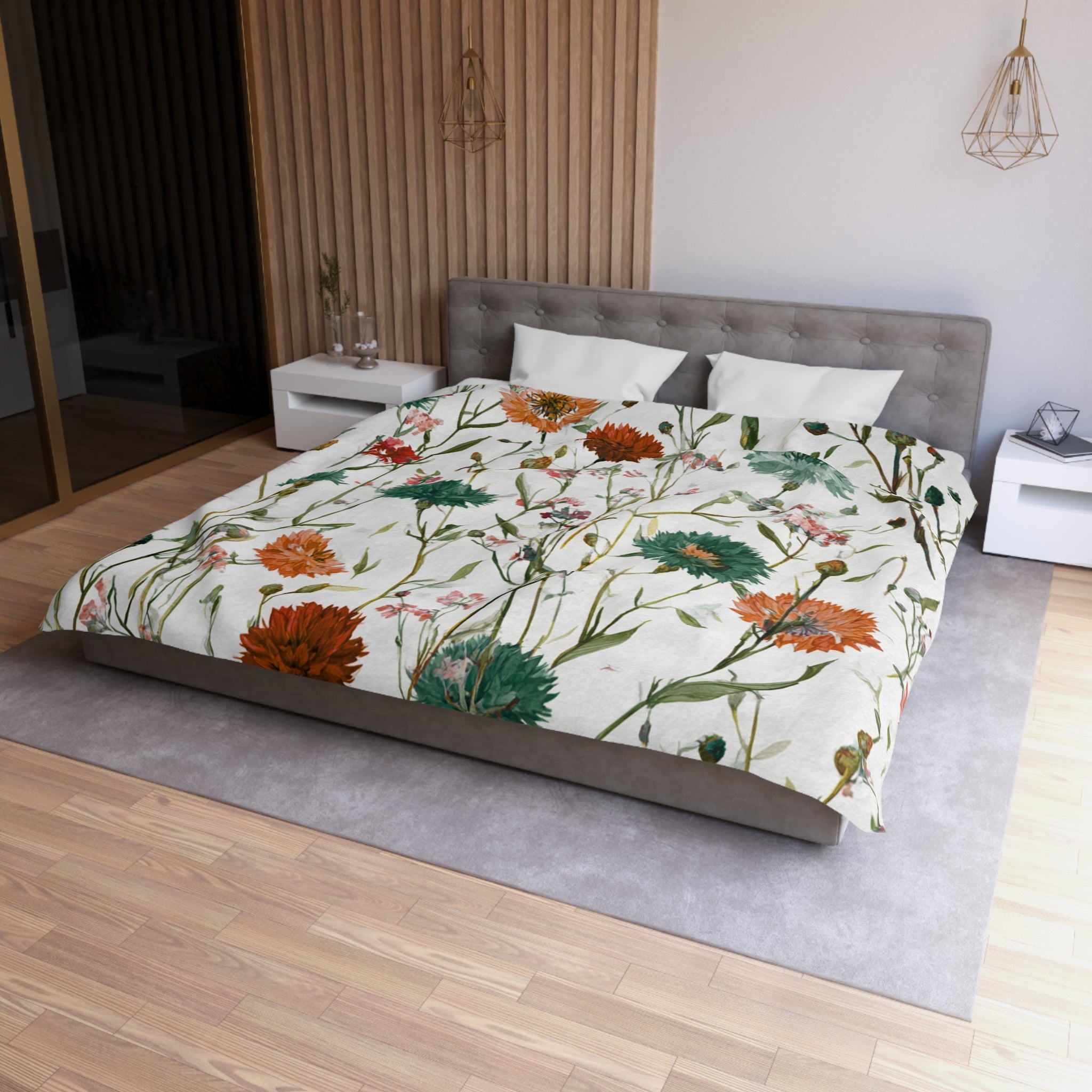 Floral Modern Duvet, Pillow Cover | White Orange Bedroom Decor