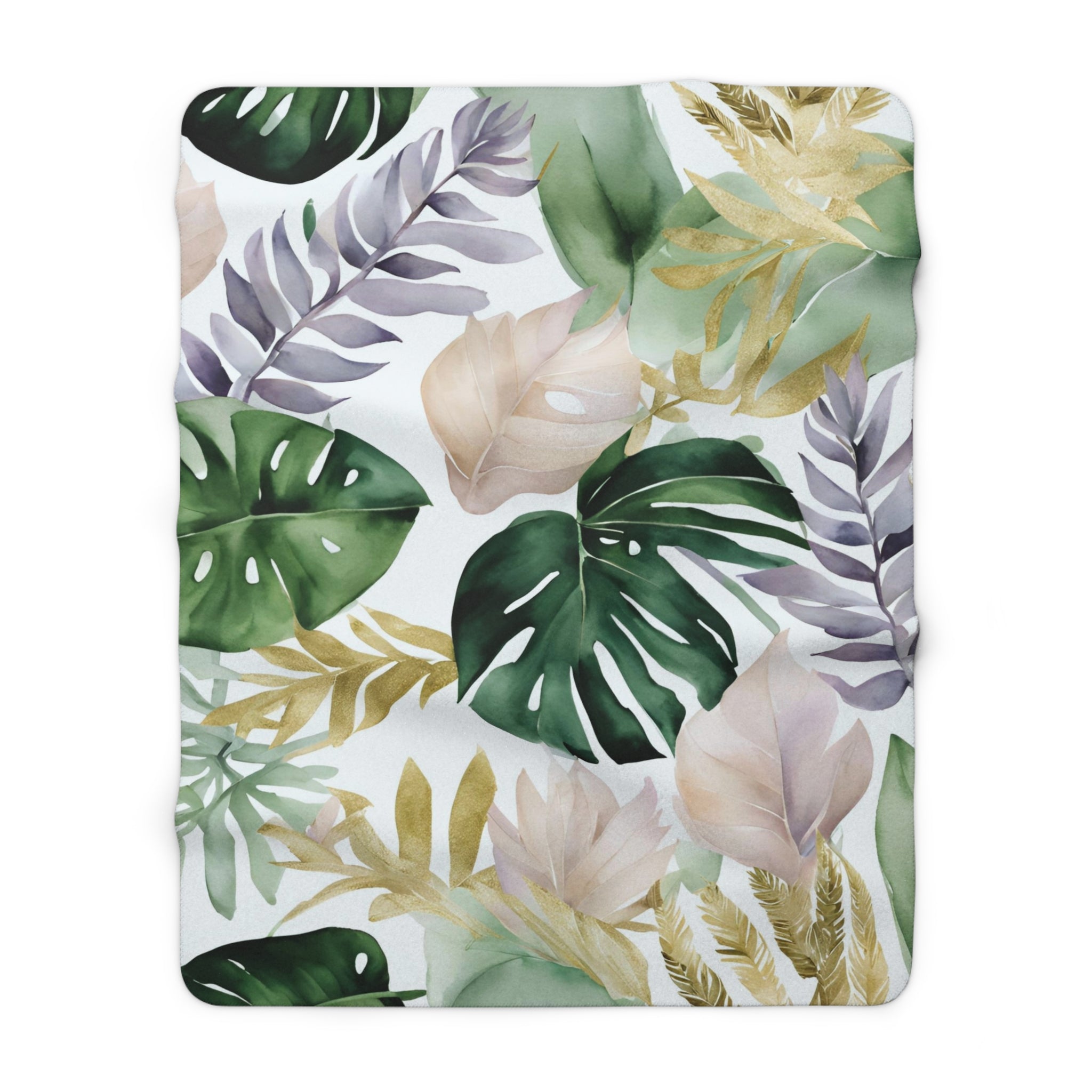 Tropical Floral Throw Blanket | Coastal Green, Purple Beige Blush Leaves