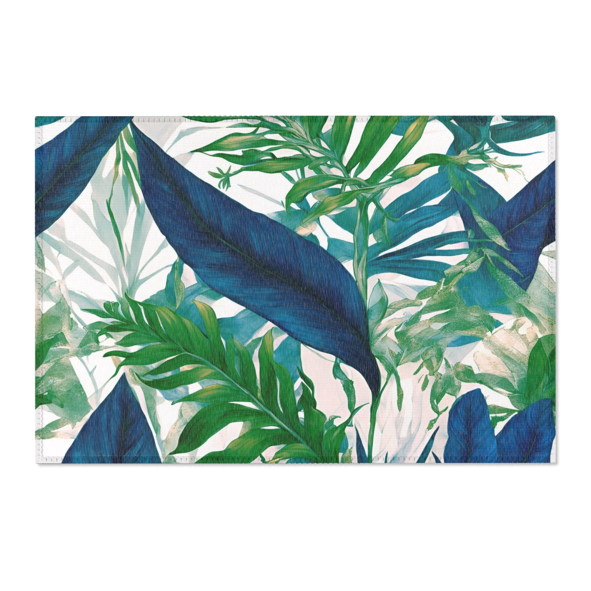 Tropical Floral Area Rug | Coastal Indigo Blue, Emerald Green