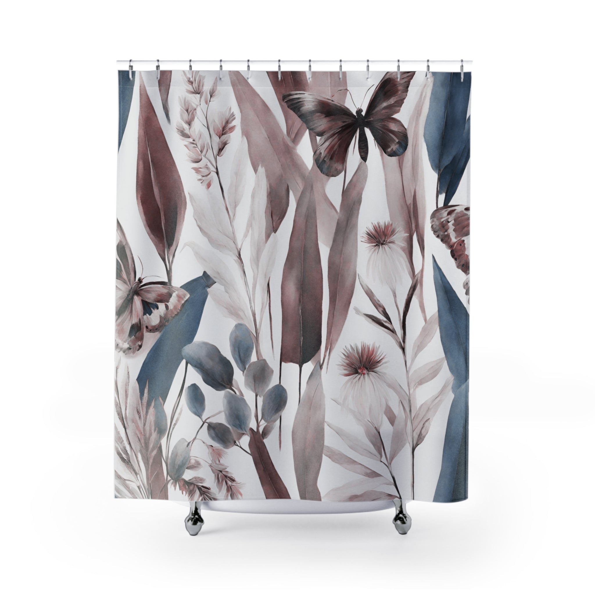 a shower curtain with flowers and butterflies on it