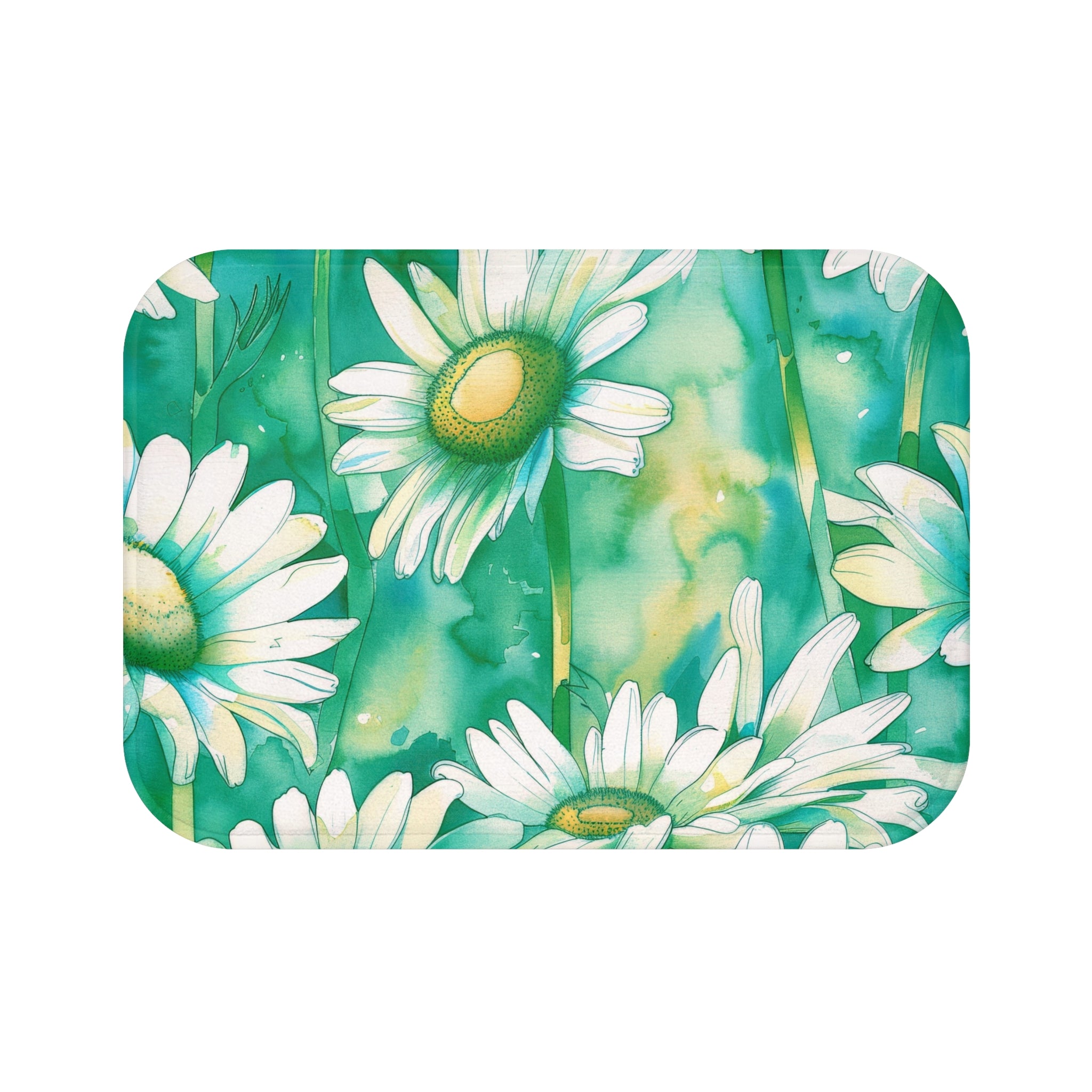 Boho Kitchen, Bath Mat | FloralTeal Sage Green, Daisies Floor Mat