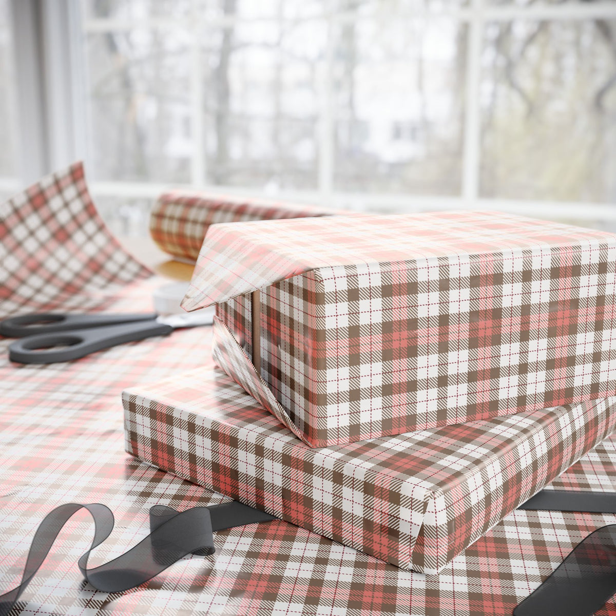 Pink Brown White Plaid Christmas Wrapping Paper, Gift Wrap