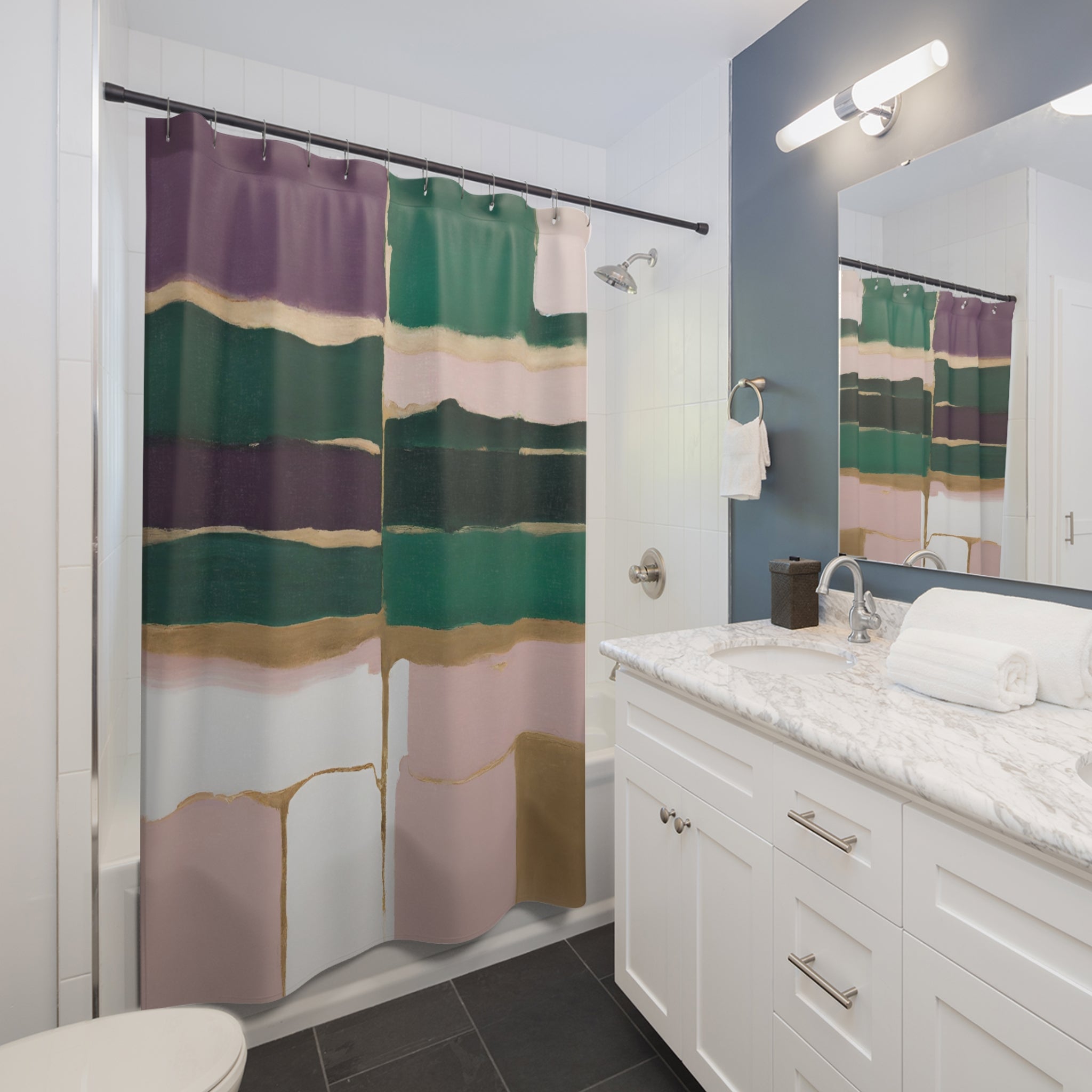 Boho Abstract Shower Curtain | Emerald Green Purple Pink
