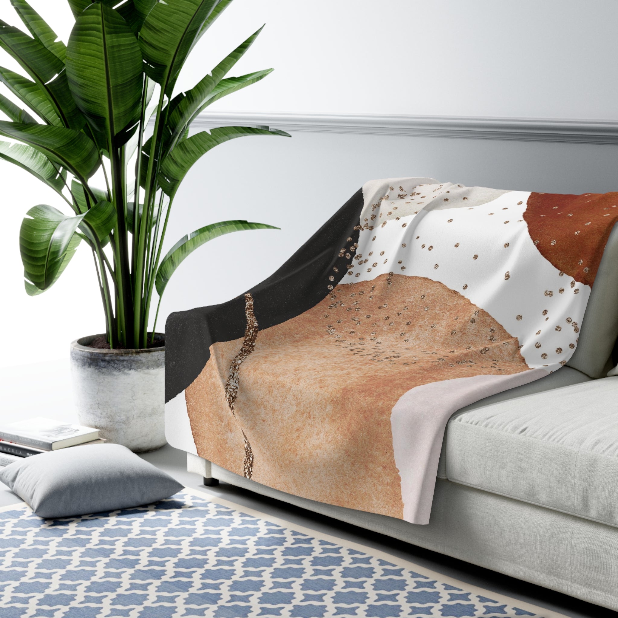 Abstract Boho Couch, Fleece Throw Blanket | Modern Rust Beige, Grey Black