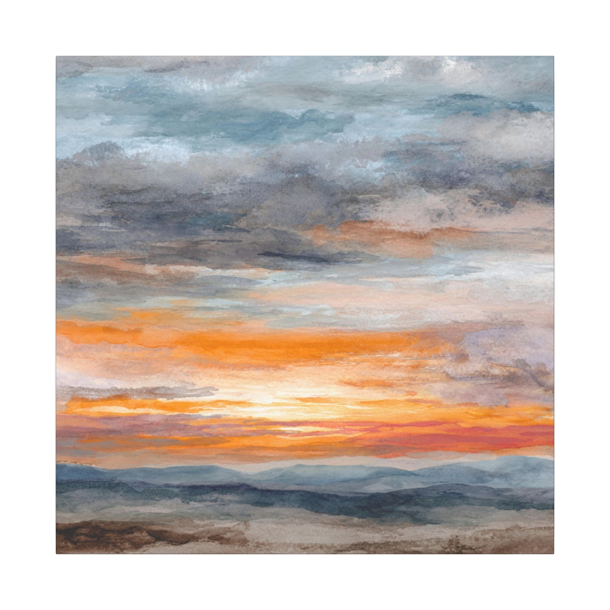 a breathtaking sunset over a mountainous landscape, with vibrant orange and blue hues in the sky and a hazy, golden glow over the distant mountains.