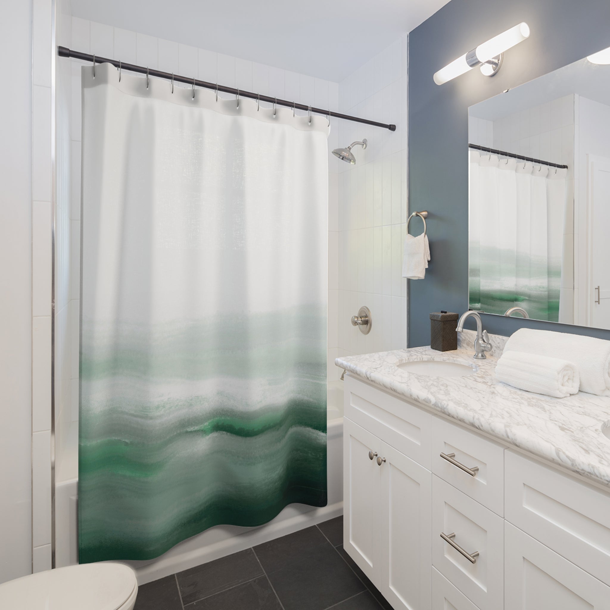Abstract Shower Curtain | Emerald Green White Ombre Ocean