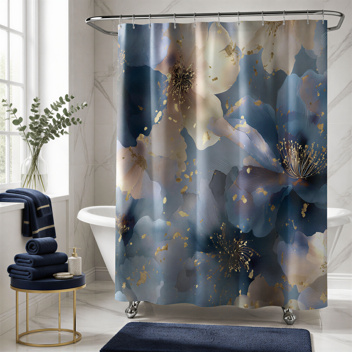 a bathroom with a shower curtain adorned with a floral pattern in shades of blue, gold, and white. The shower curtain is hanging from a rod, and there is a vase of greenery placed on a side table. The bathroom also includes a white bathtub and a blue rug on the floor.