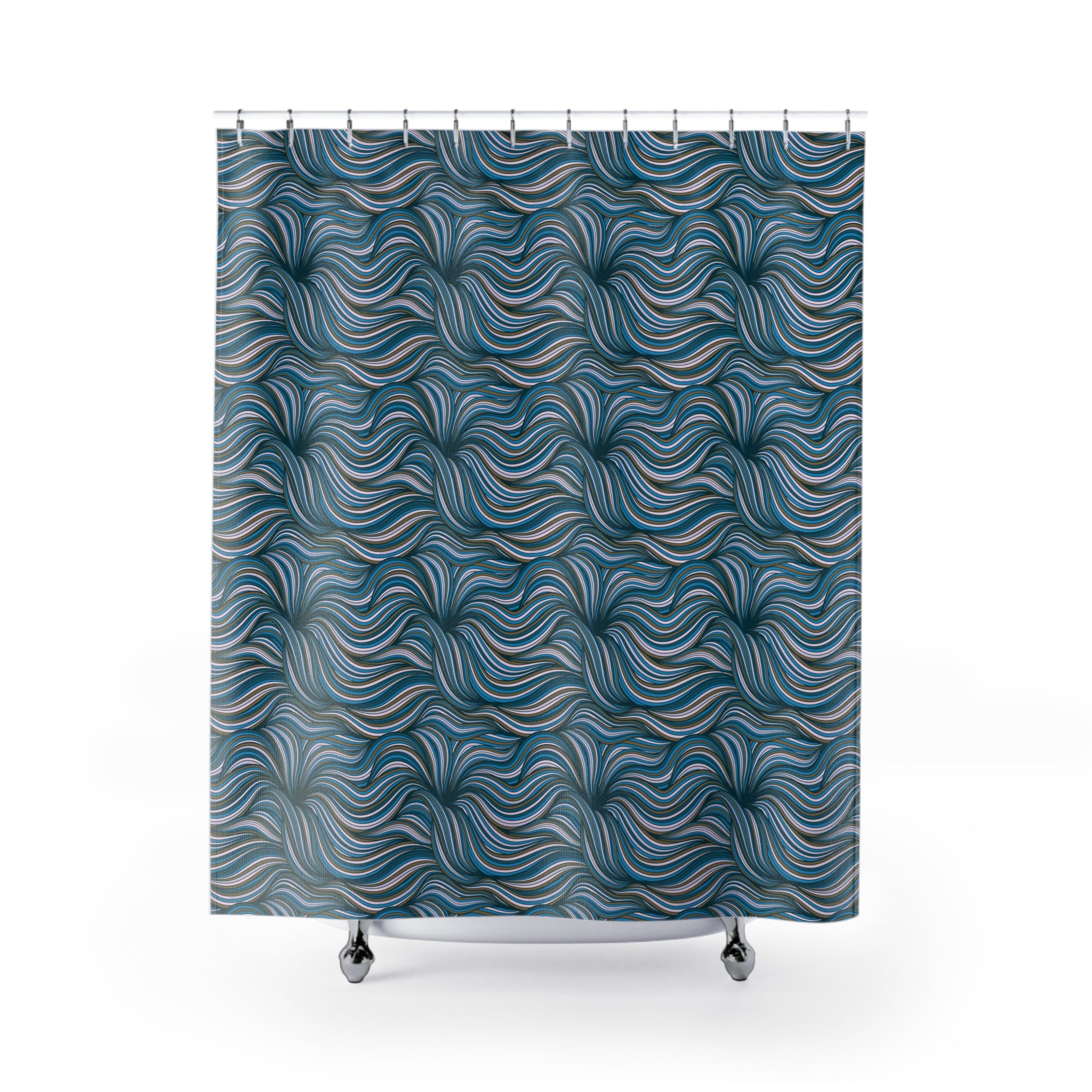 Teal Abstract Wave Shower Curtain, Flowy Polyester Bath Curtain