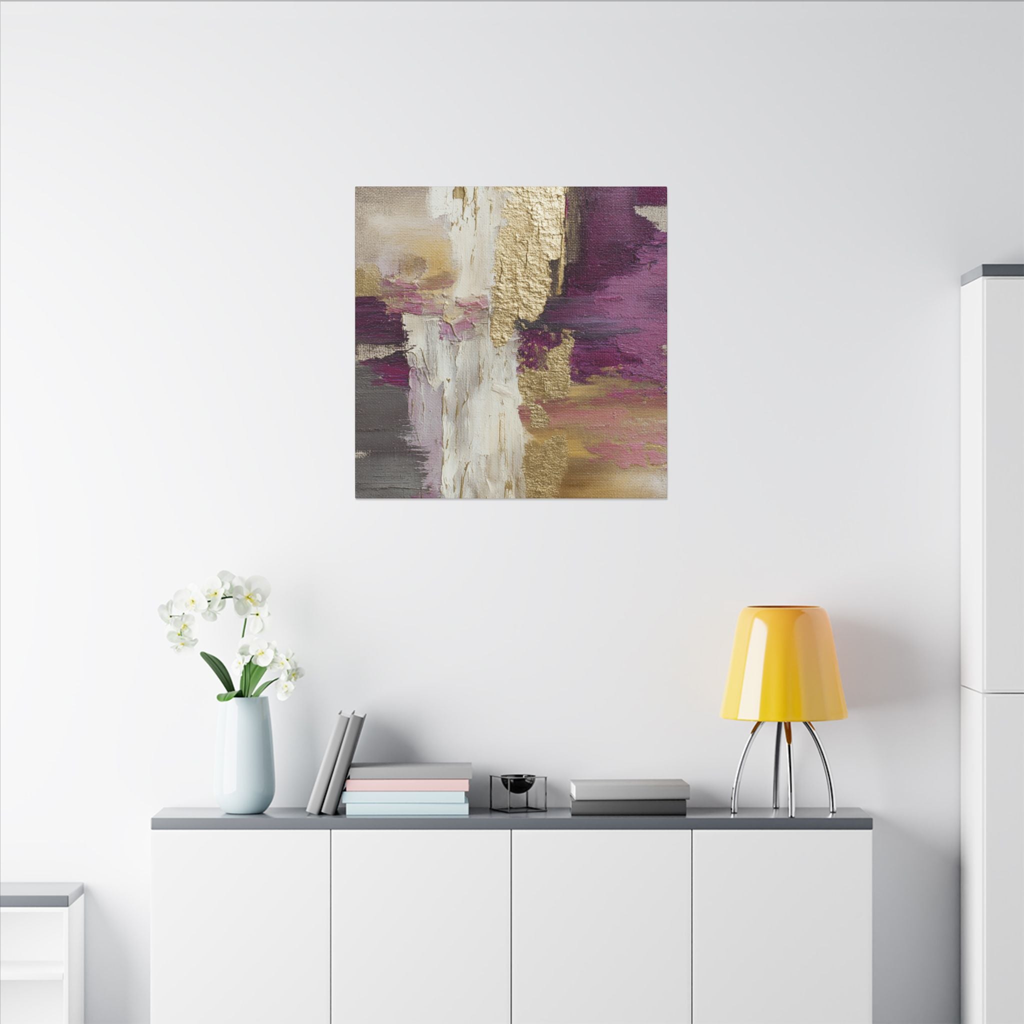 Purple & Muted Gold Abstract Canvas Wall Art – Modern Luxe Minimalist Painting Print