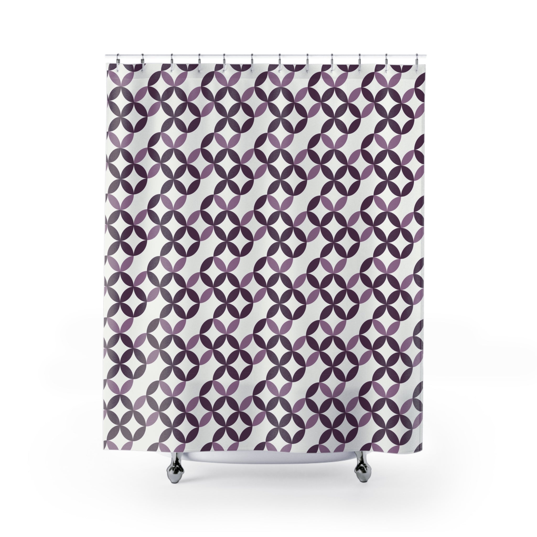 a square shower curtain with a repeating pattern of purple circles on a white background.