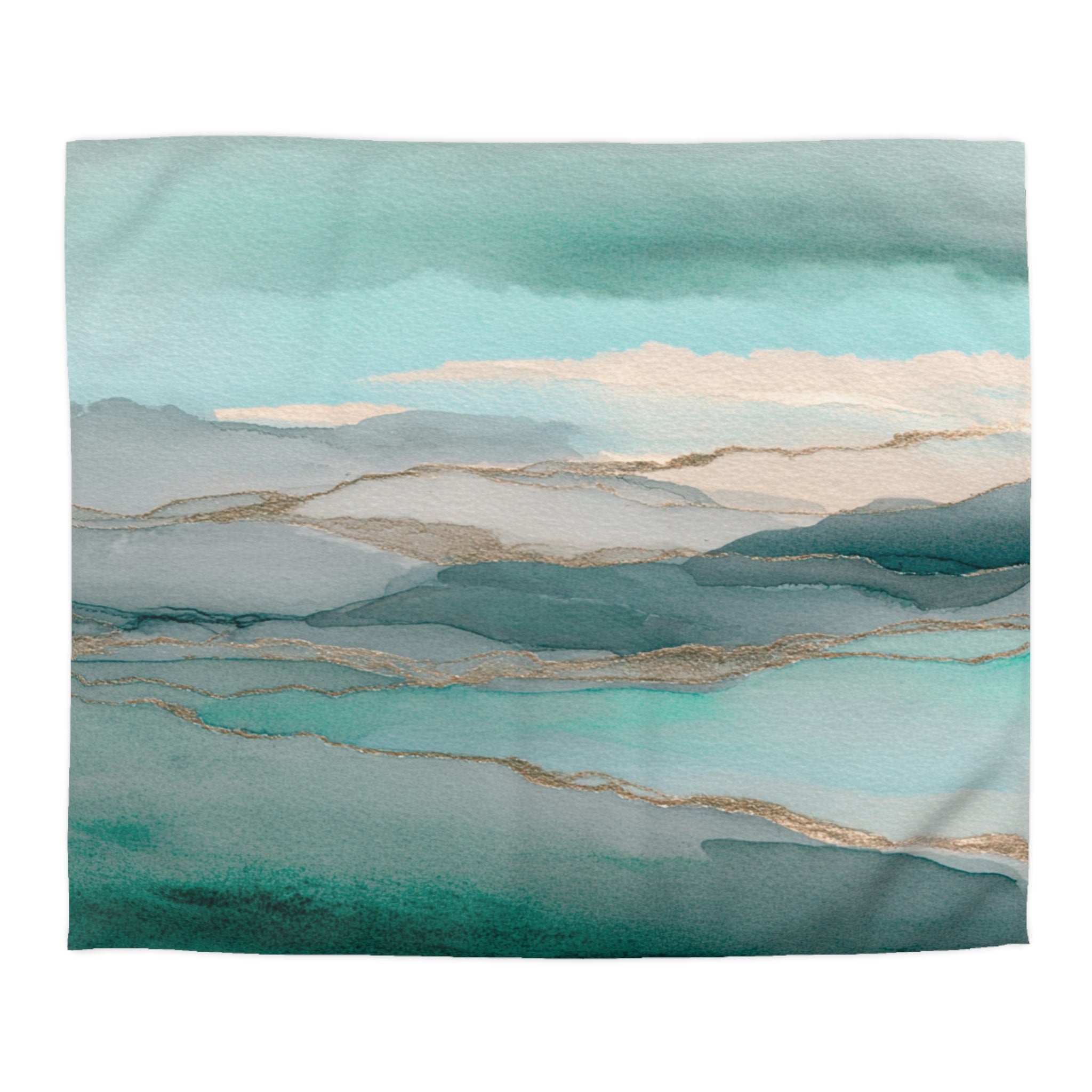 The image is a watercolor painting depicting a serene landscape with rolling hills and a body of water. The colors used are shades of blue, green, and gray, creating a calming and tranquil atmosphere.