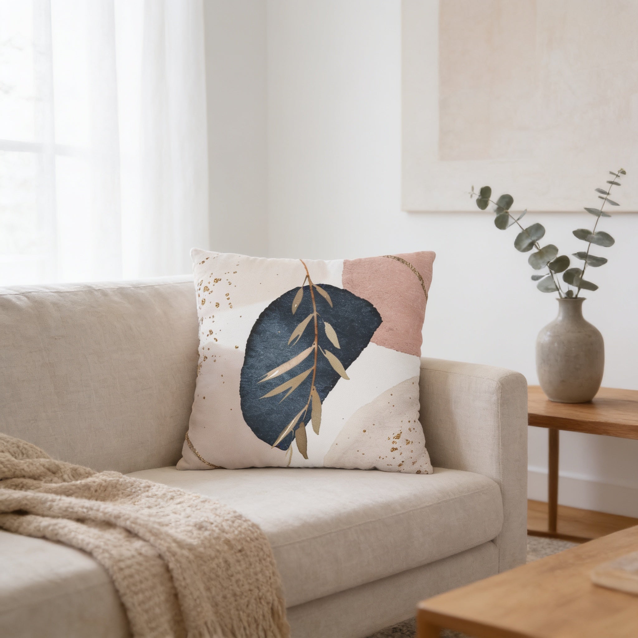 a living room with a beige sofa, a decorative throw pillow with a leaf design, and a wooden coffee table.