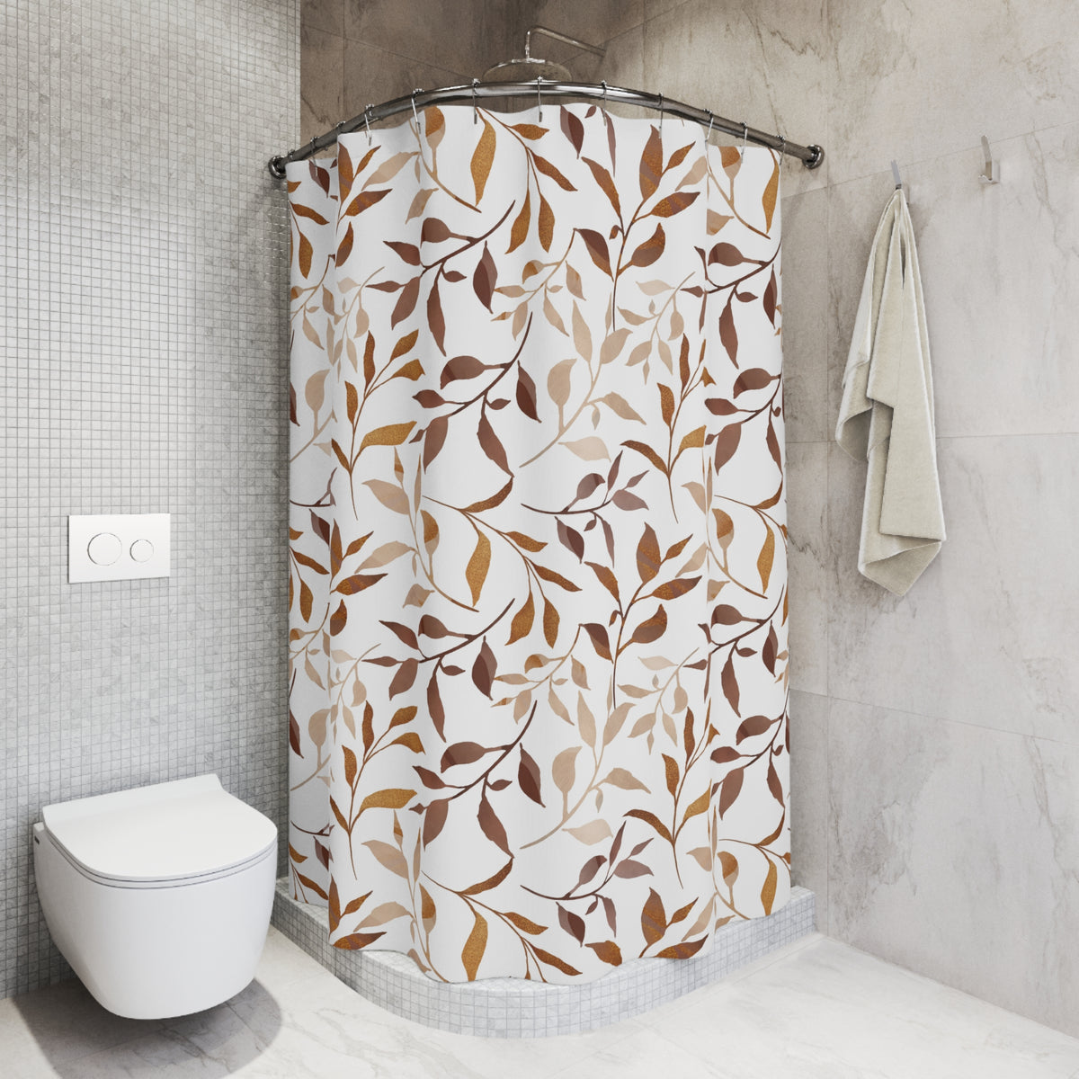 Brown Caramel Watercolor Leaf Shower Curtain, Bath Curtain 71x74