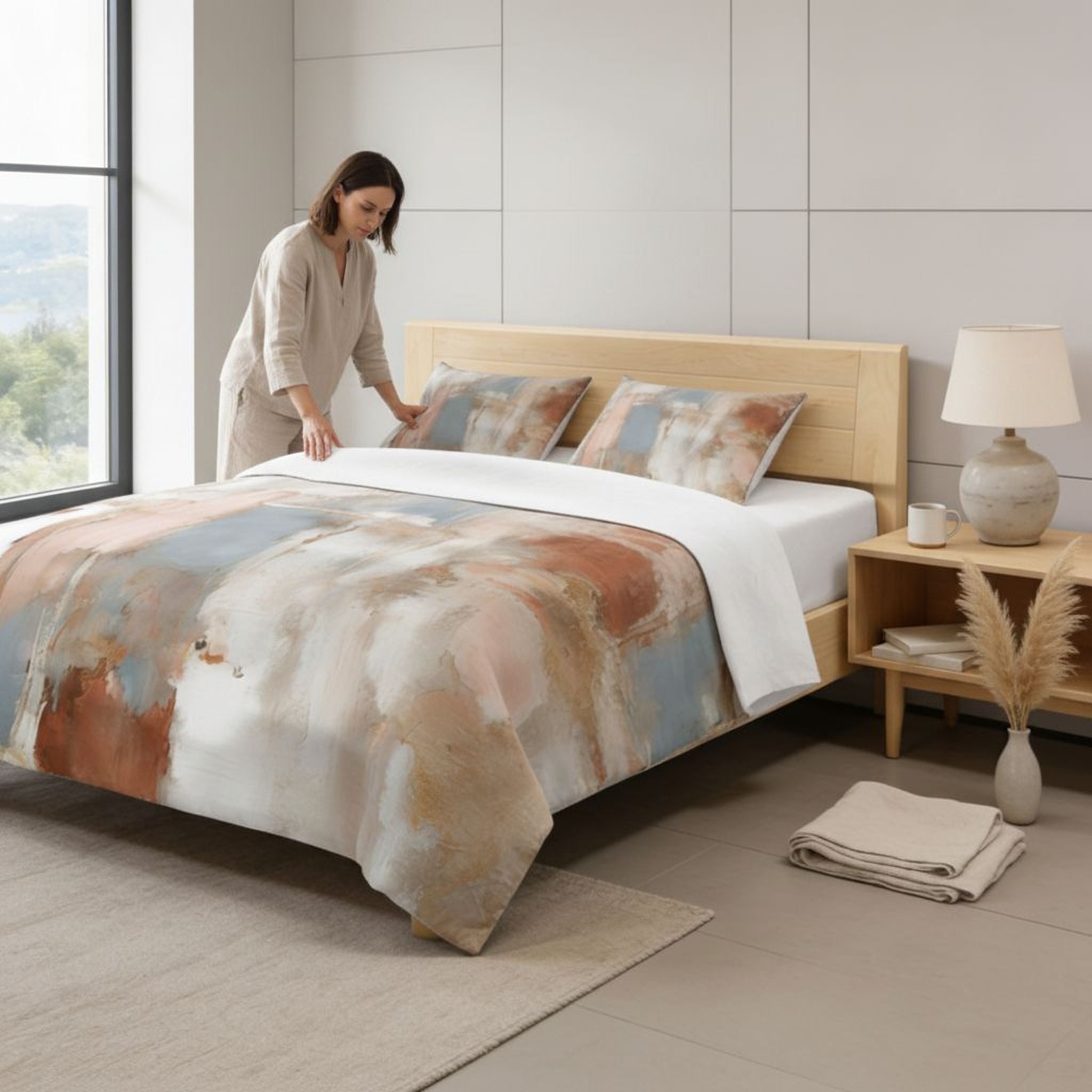 A woman is arranging a bed with a colorful, abstract-patterned comforter and pillows in a bedroom setting.