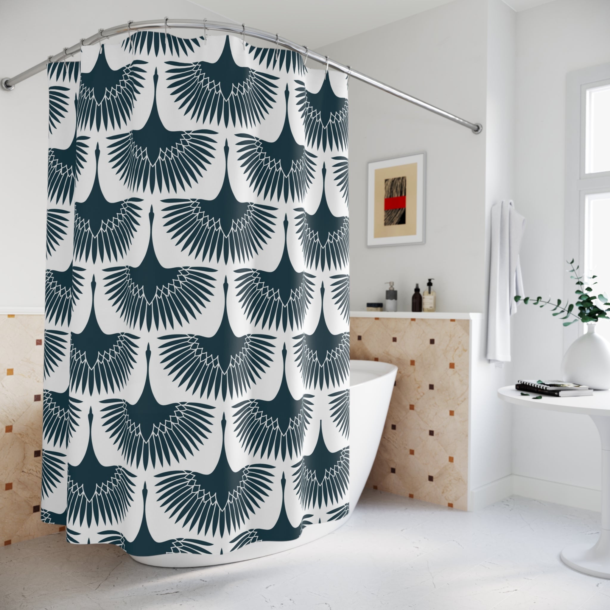 Art Nouveau Shower Curtain | Japanese Crane, Navy Blue White Cranes
