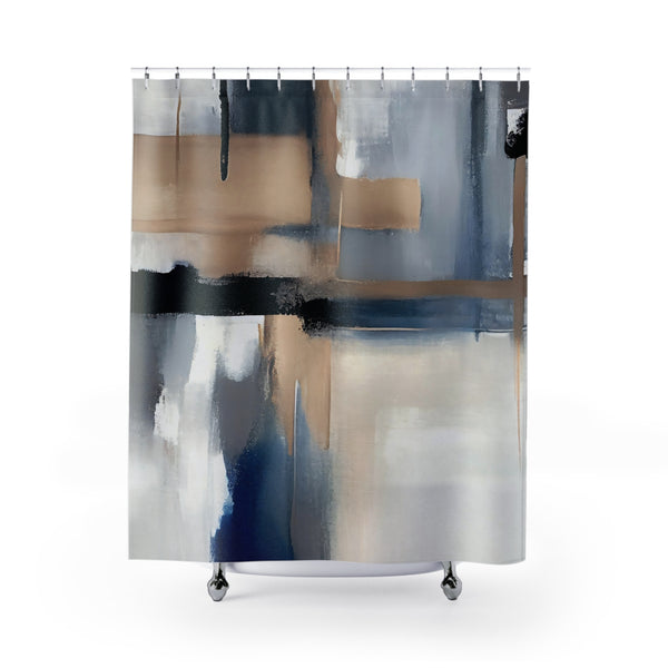 Boho Shower Curtain | Abstract Beige Grey, Navy Denim Blue, White