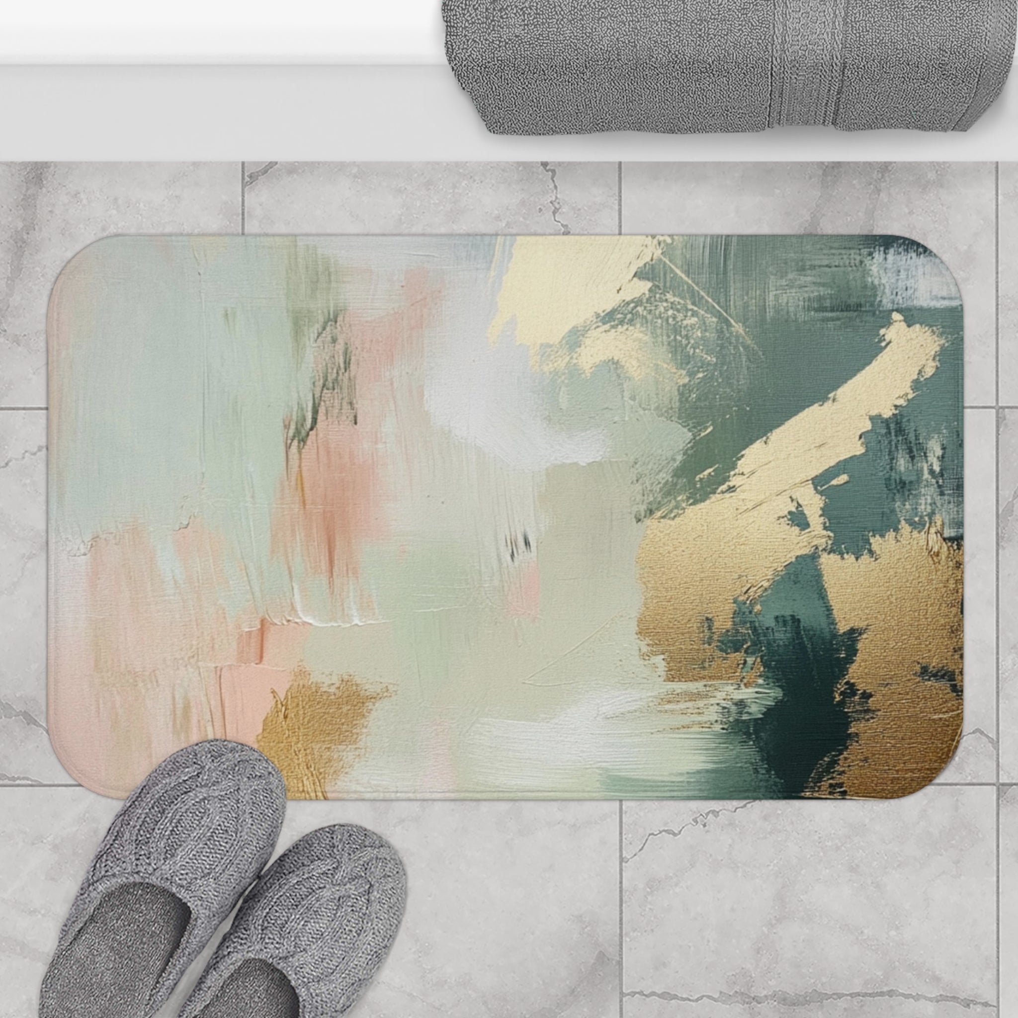 Abstract Bath Mat | Green Watercolor Geometric Kitchen Mat