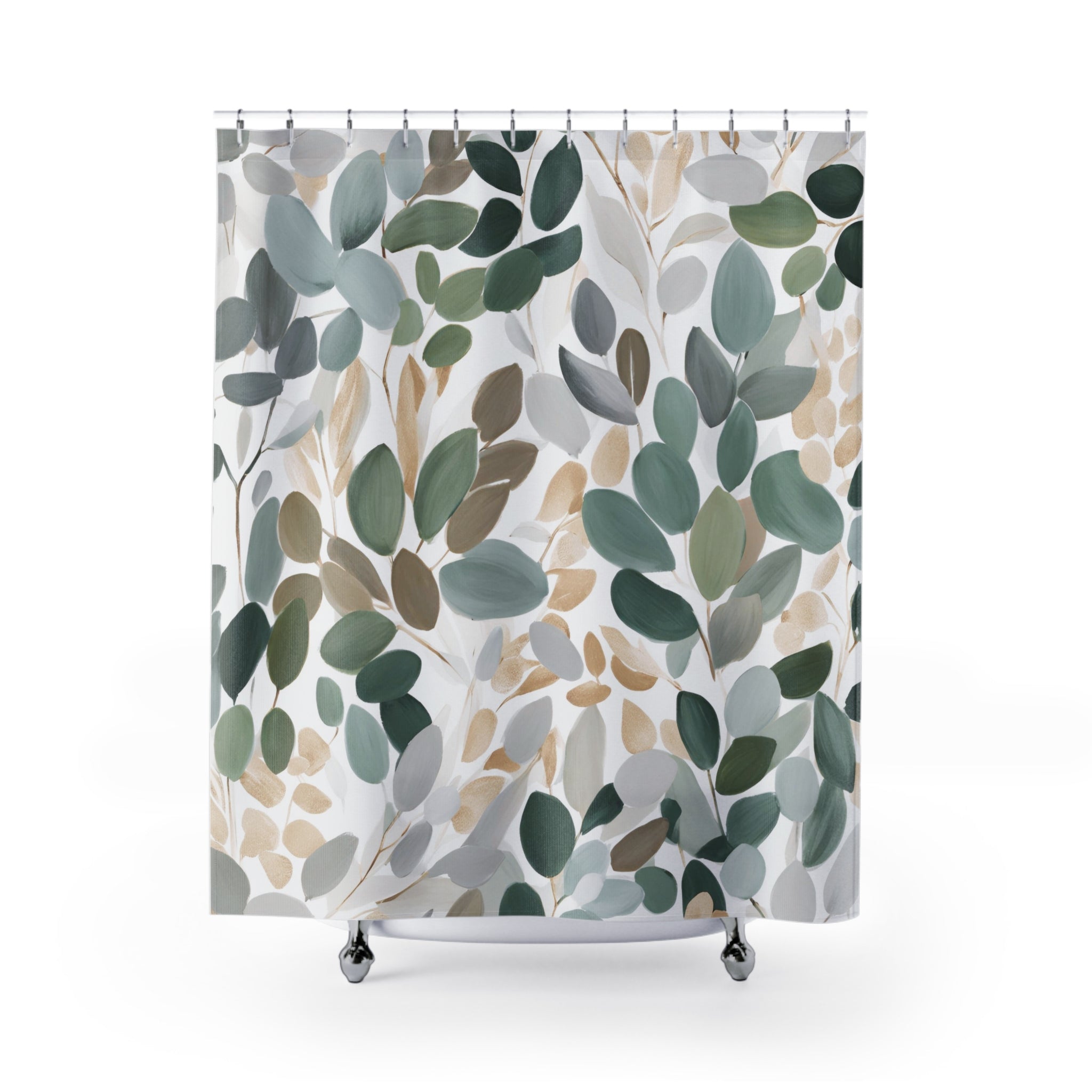 a shower curtain with a repeating pattern of green leaves and branches in various shades of green, brown, and gray.