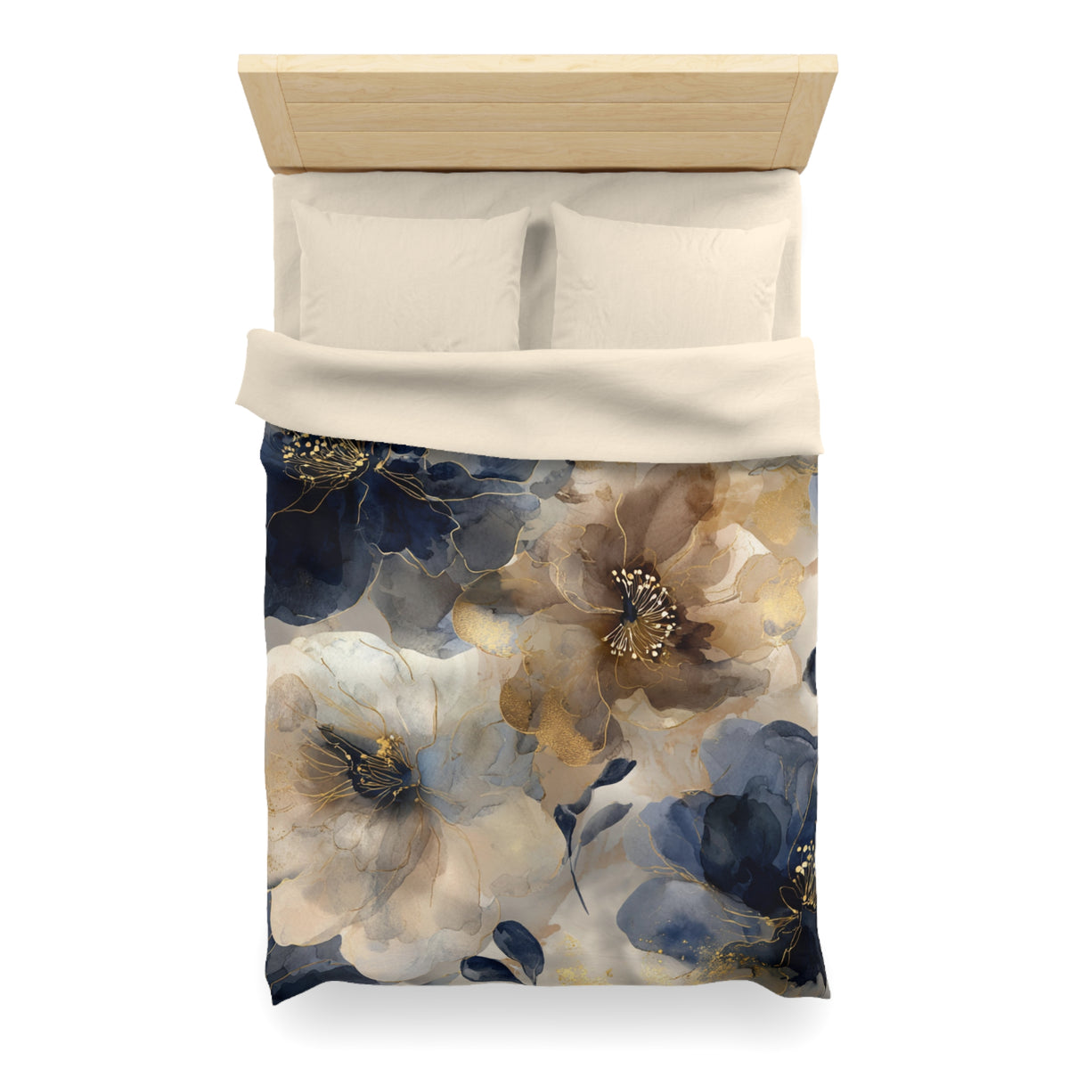 a bed with a floral print duvet cover featuring a combination of blue, white, and brown colors.