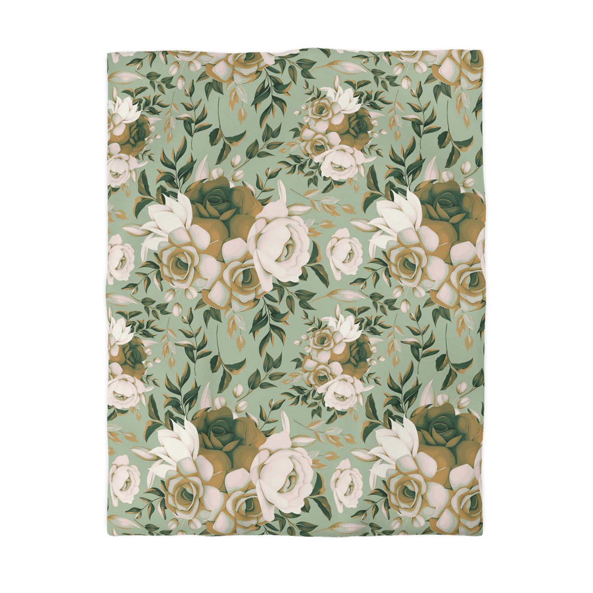 a repeating floral pattern with white and green flowers and leaves on a light green background.