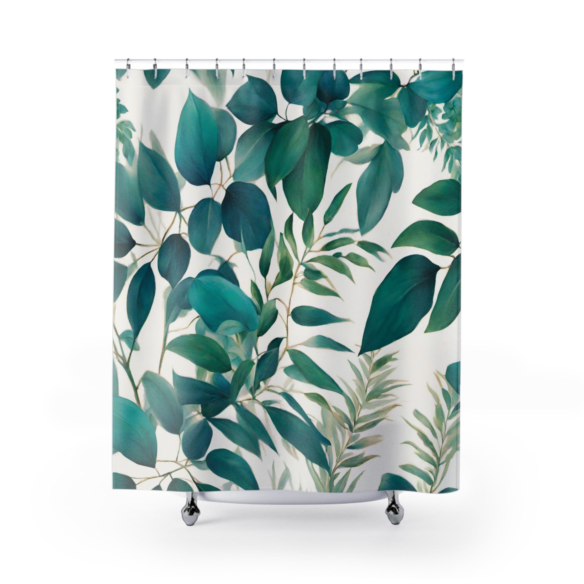 Floral boho, fabric shower curtain | Teal Sage Green white bath curtain