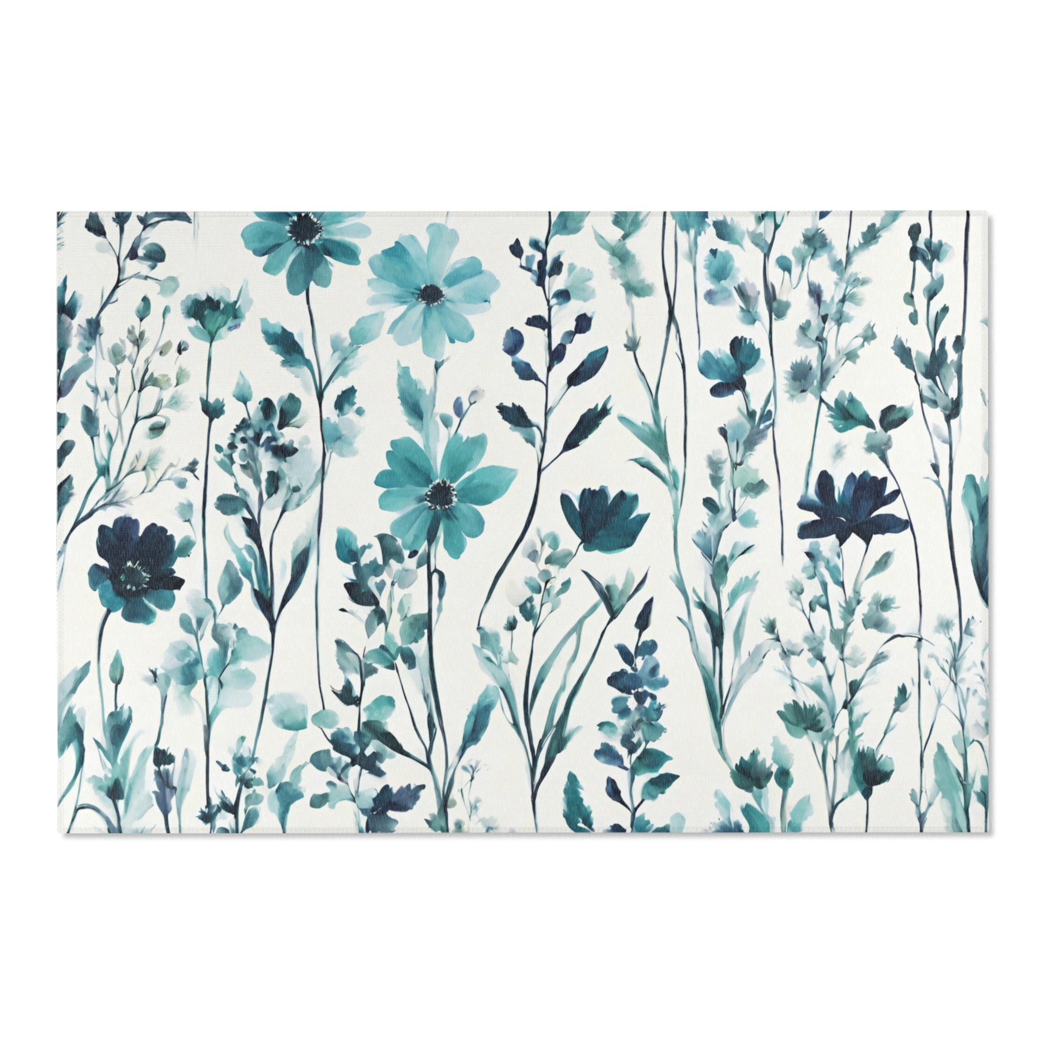 Floral Large Area Rug | Modern Rug, Teal Green, Blue Wildflowers