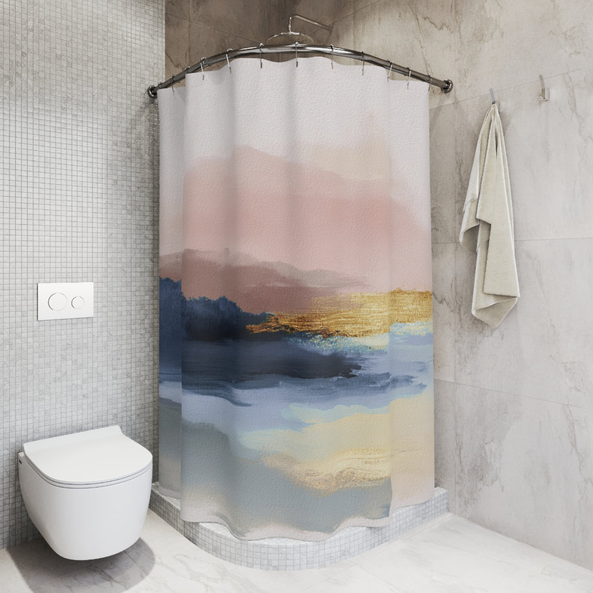 a bathroom with a shower curtain featuring a colorful abstract design, a white toilet, and a towel rack.