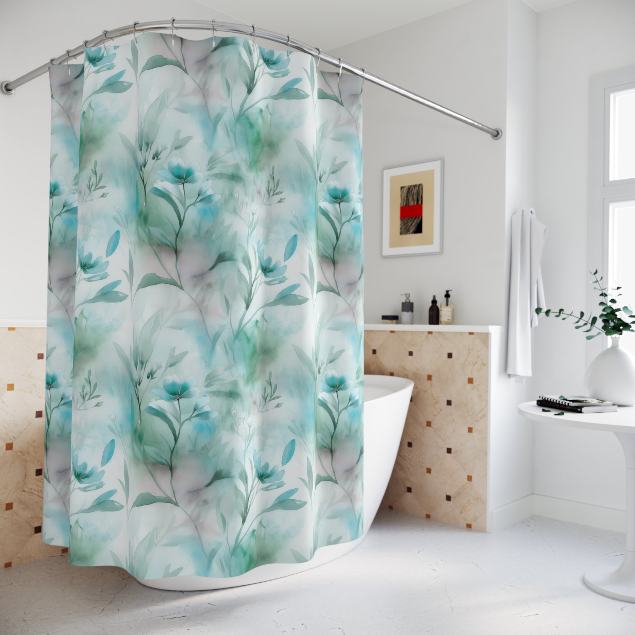 Floral Shower Curtain | Teal Green Watercolor Bathroom