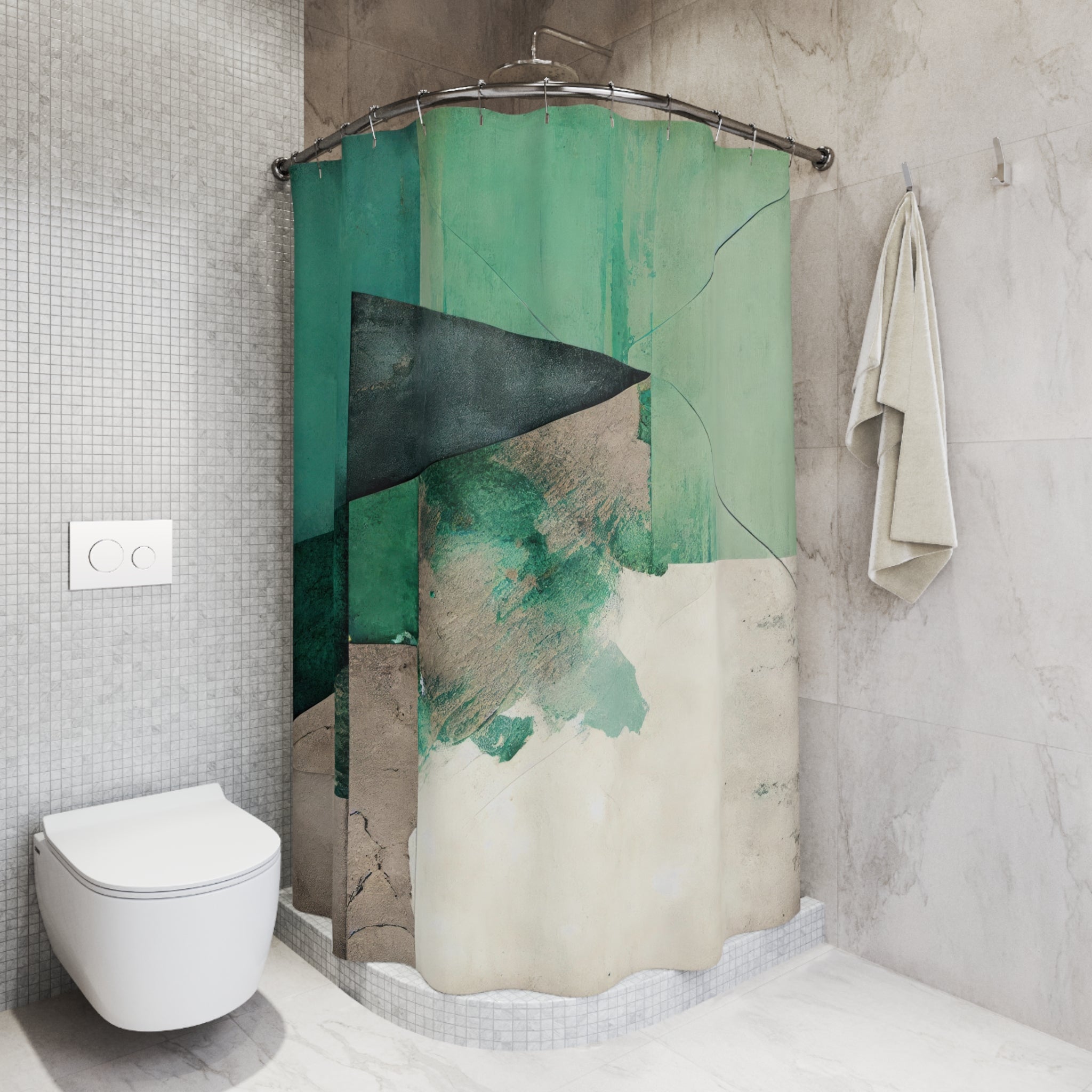 Green Boho Shower Curtain, Bath Mat | Beige Geometric Bathroom Set