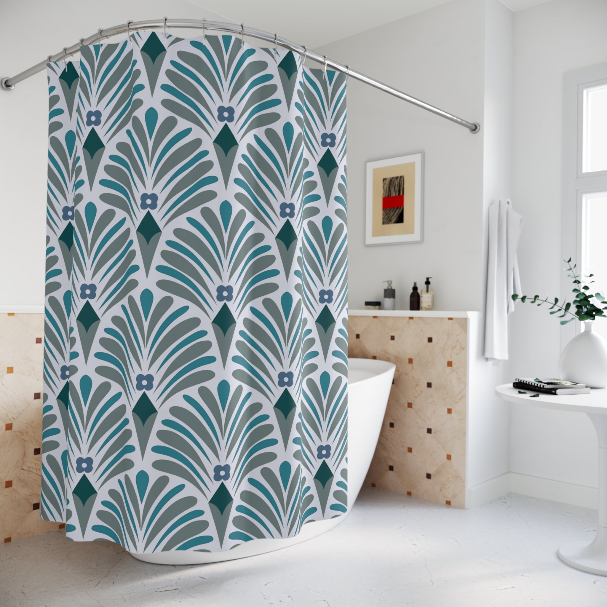 Abstract Shower Curtain | Pale Teal Blue, Grey Art Deco